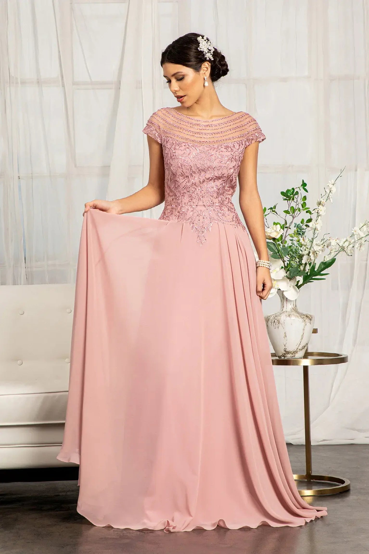 Dusty Rose chiffon a-line mother of the bride dress with boat-neck