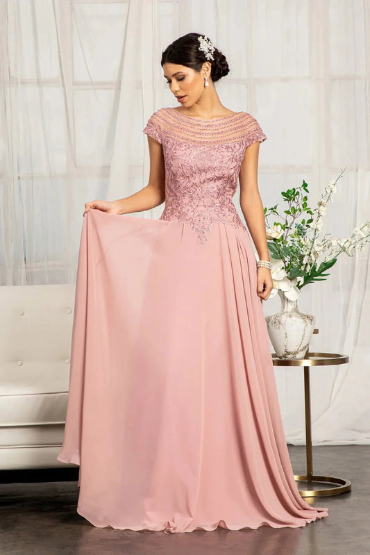 Detailed view highlights dusty Rose chiffon a-line mother of the bride dress with boat-neck.