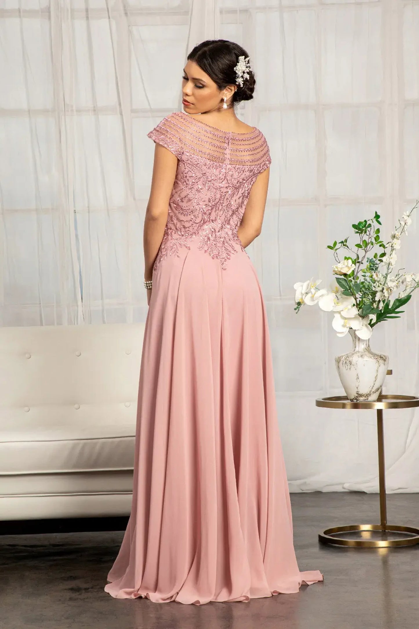 Dusty Rose a-line mother of the bride dress with concealed zipper back and cap sleeve