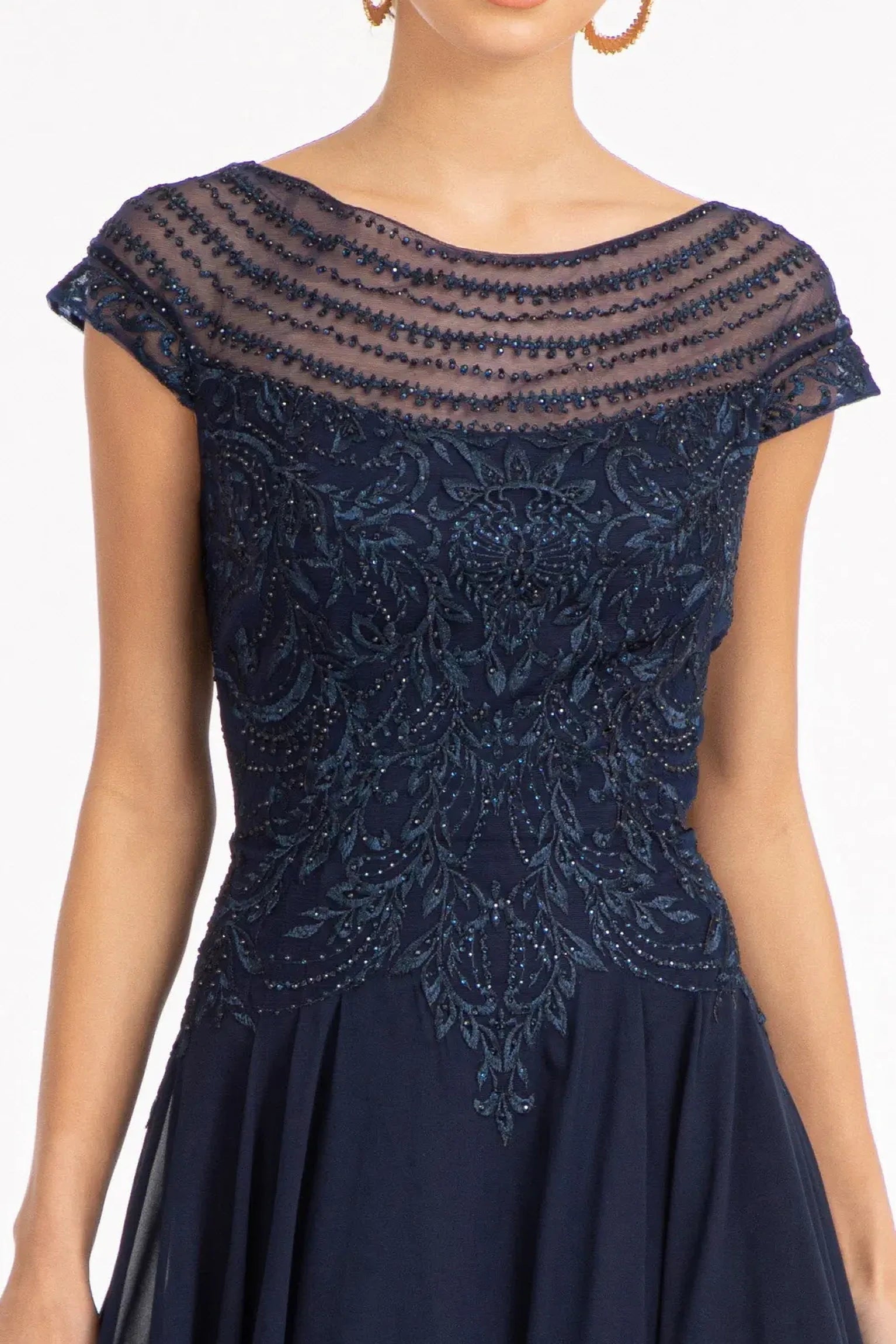 Navy mother of the bride dress featuring boat-neck bodice with cap sleeve and beads, embroidery
