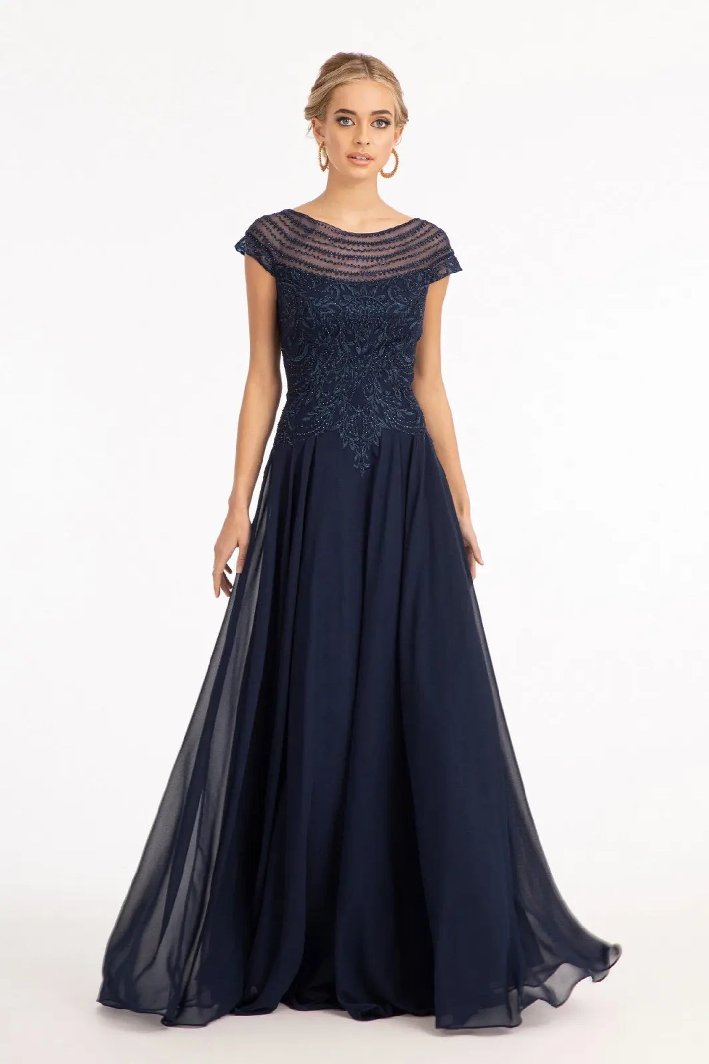 Navy chiffon a-line mother of the bride dress with boat-neck