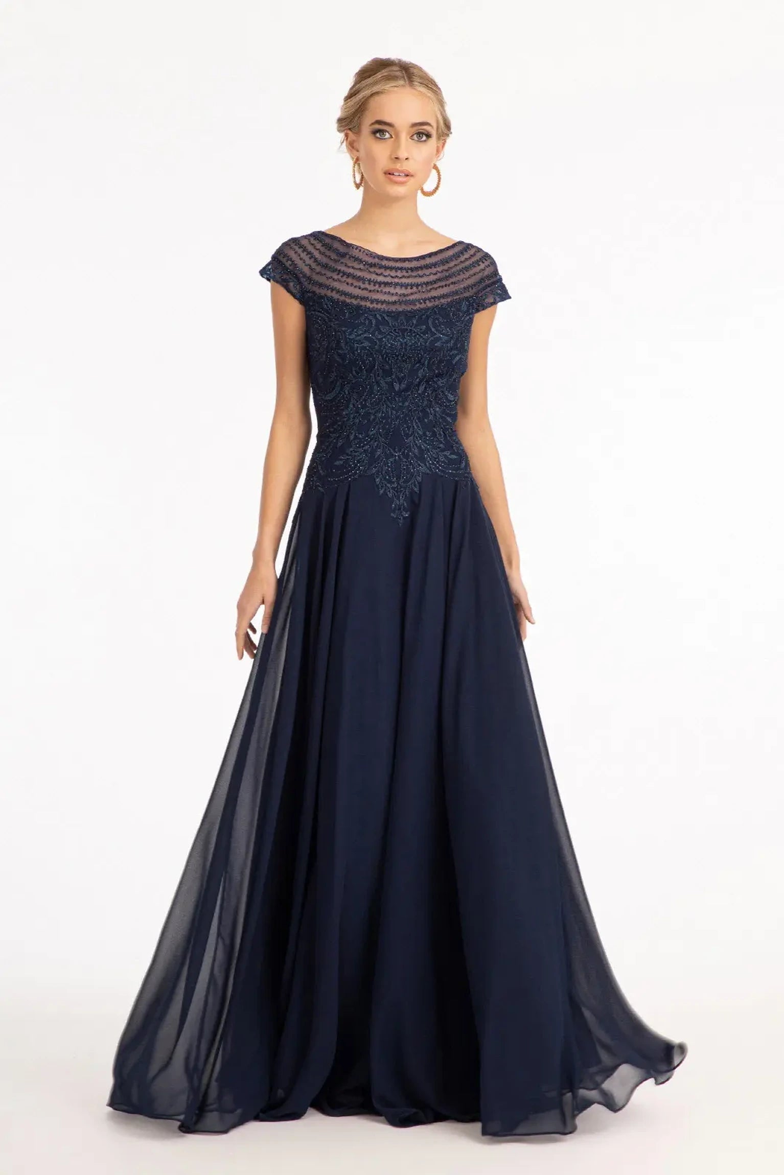 Navy chiffon a-line mother of the bride dress with boat-neck