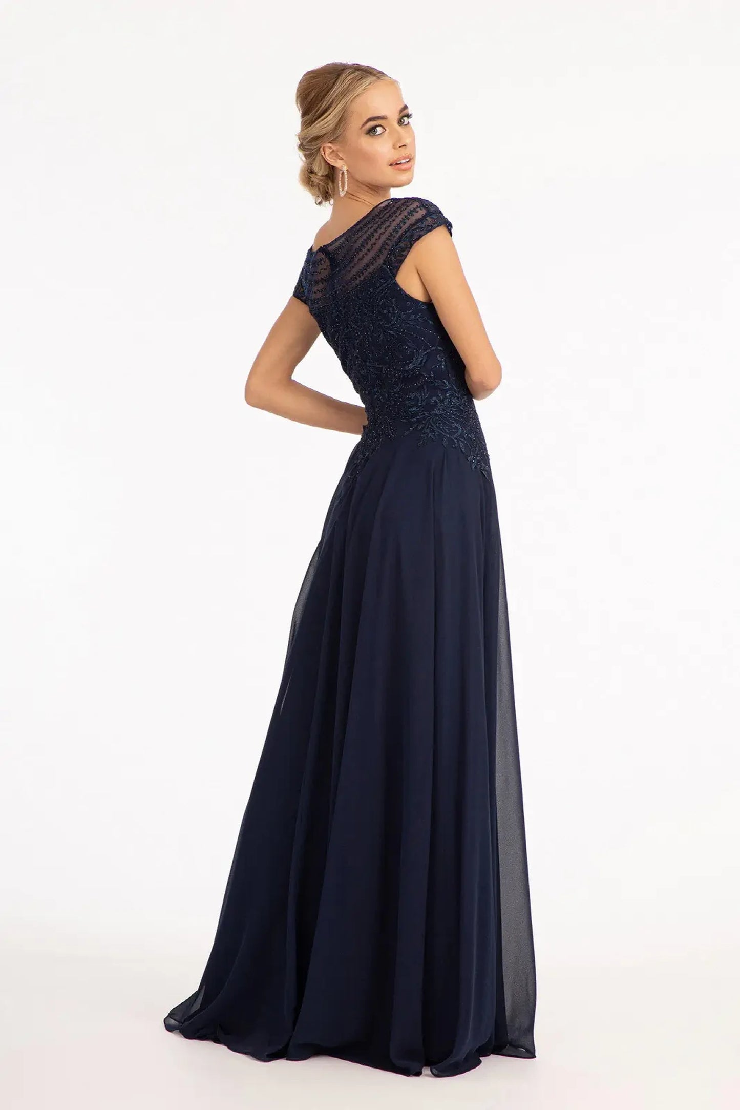 Navy a-line mother of the bride dress with concealed zipper back and cap sleeve