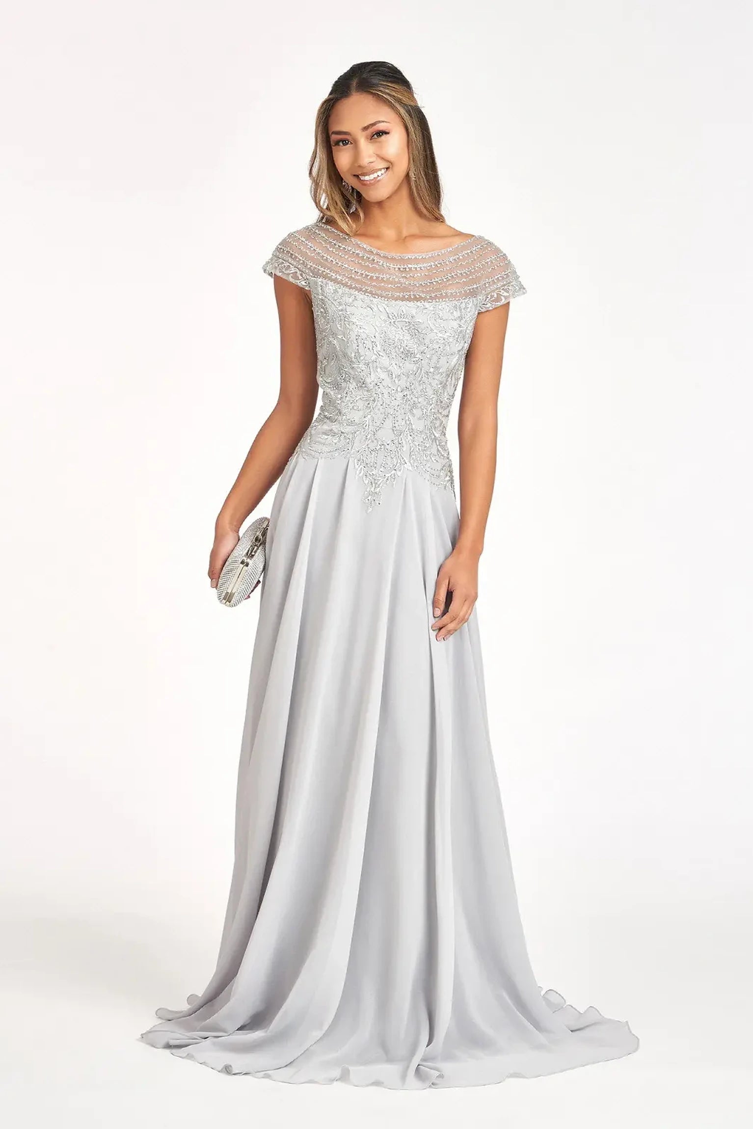 Silver chiffon a-line mother of the bride dress with boat-neck