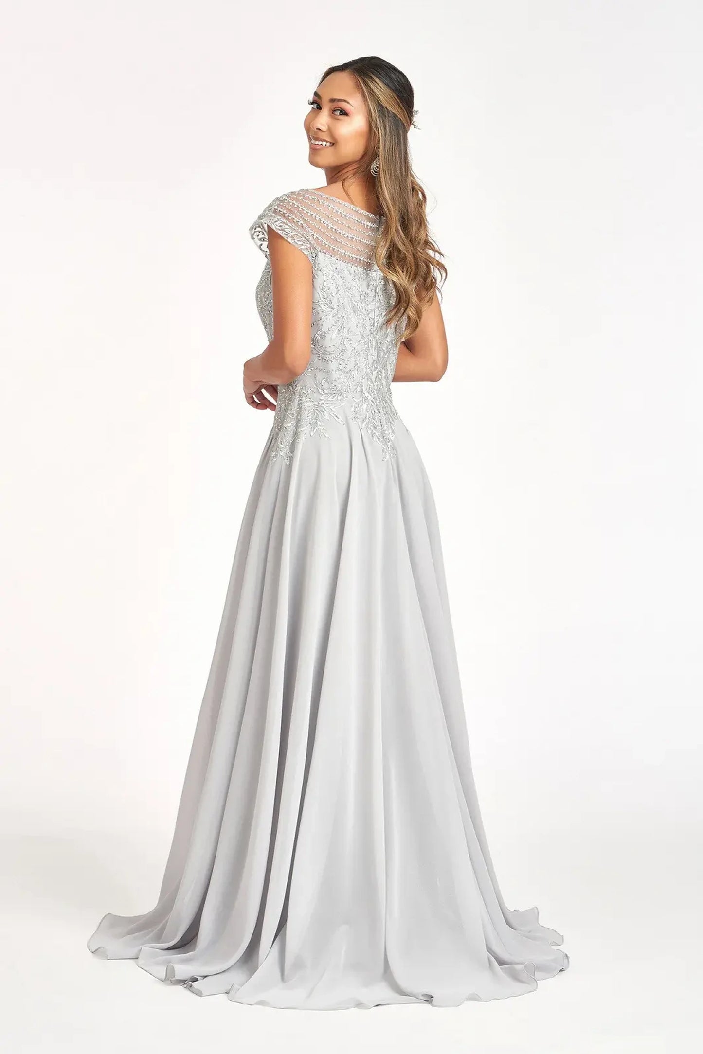 Silver a-line mother of the bride dress with concealed zipper back and cap sleeve