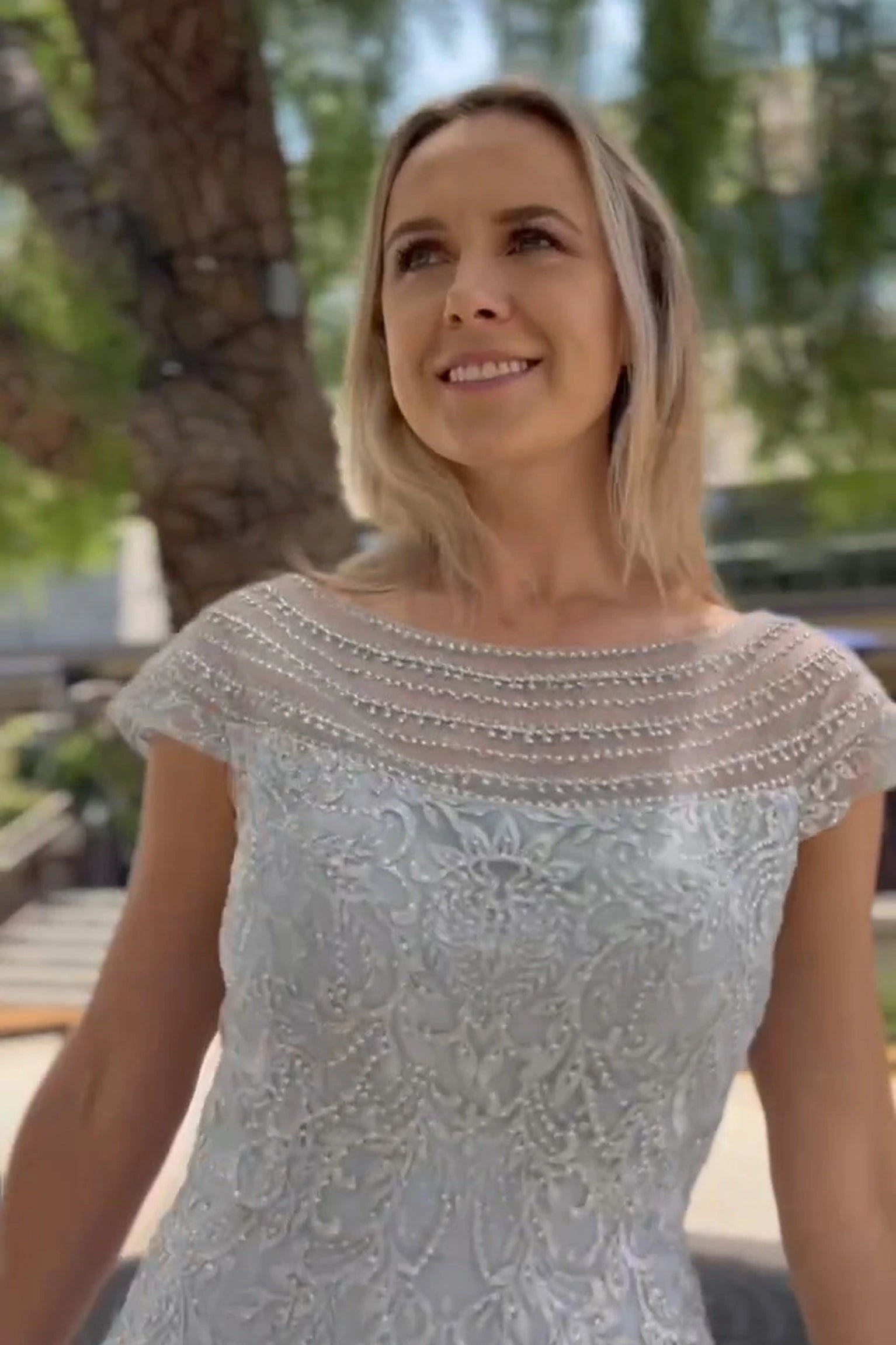 Silver cap sleeve mother of the bride dress with beads, embroidery