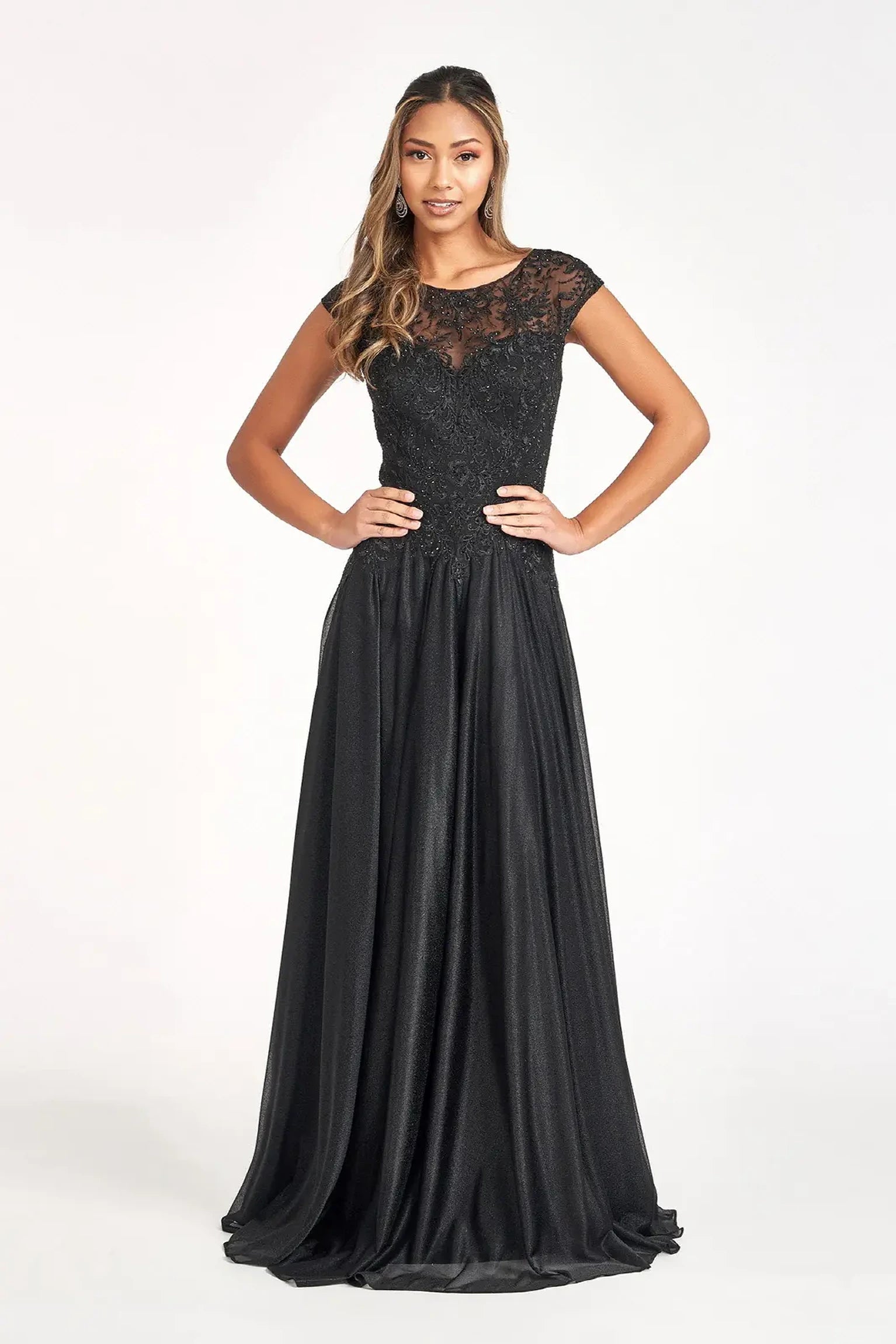 Black chiffon a-line mother of the bride dress with boat-neck