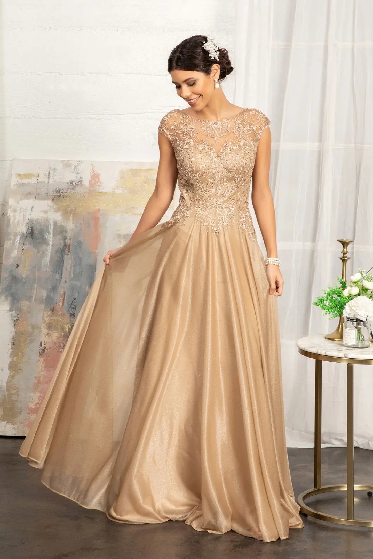 Gold chiffon a-line mother of the bride dress with boat-neck