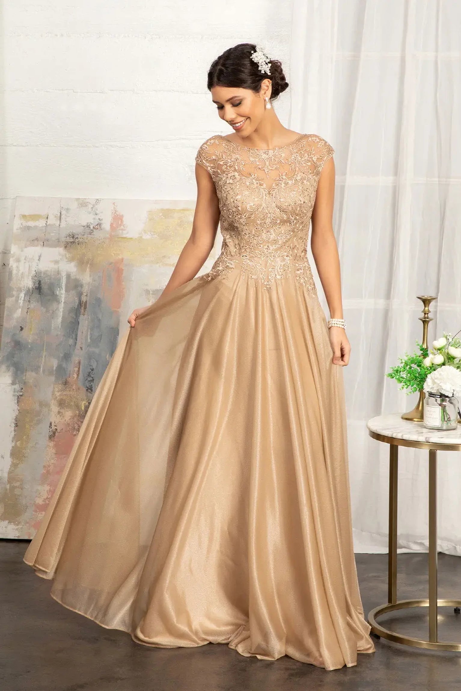 Gold chiffon a-line mother of the bride dress with boat-neck