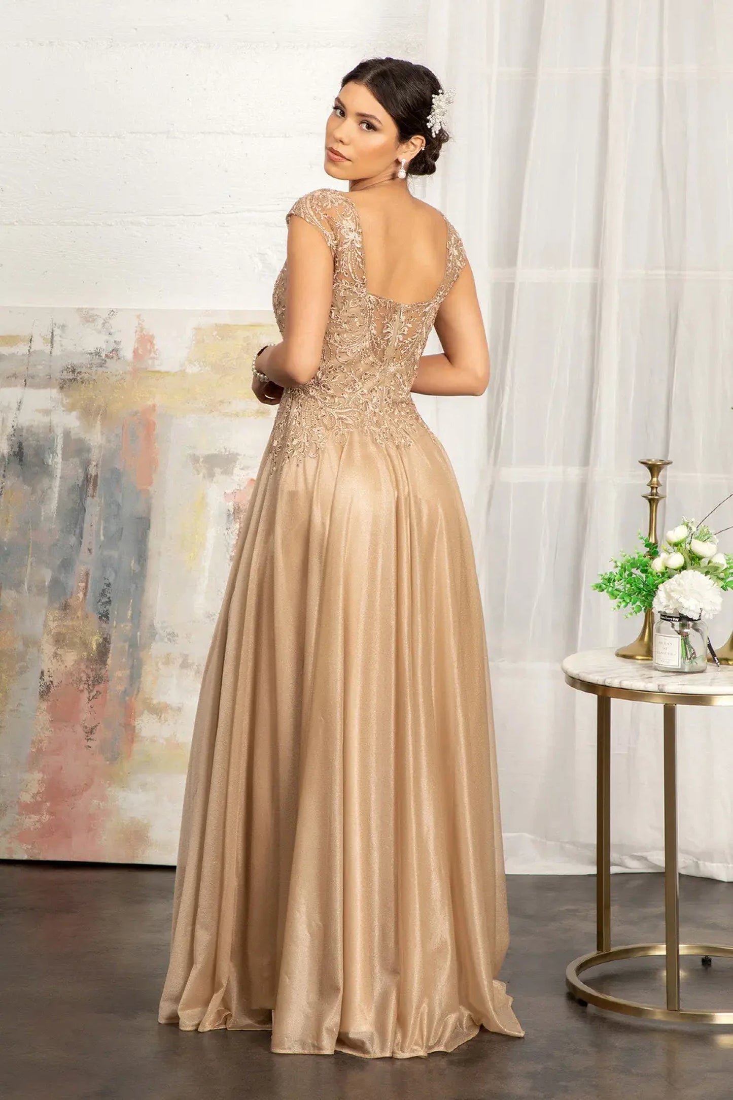 Gold a-line mother of the bride dress with concealed zipper back and cap sleeve