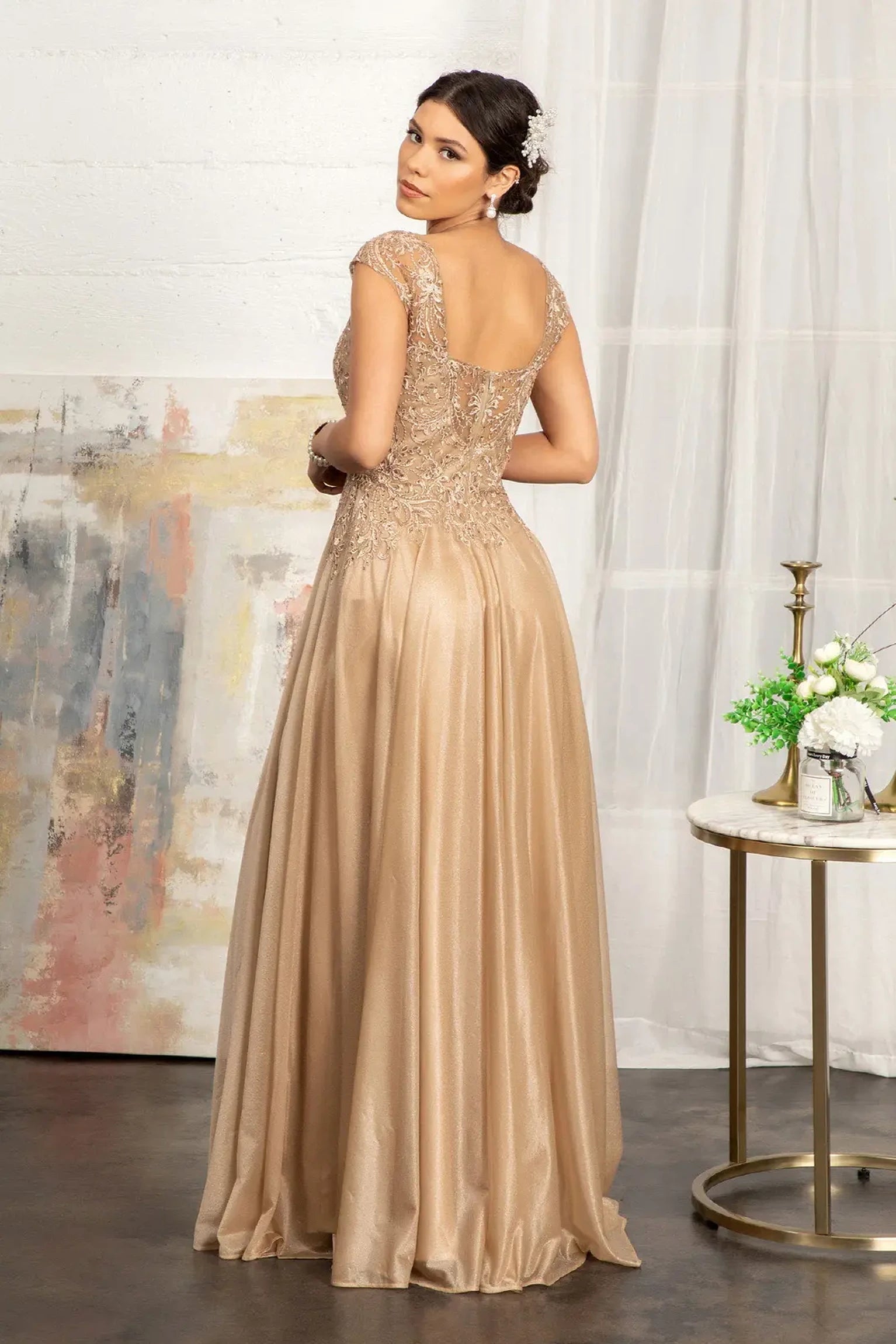 Gold a-line mother of the bride dress with concealed zipper back and cap sleeve