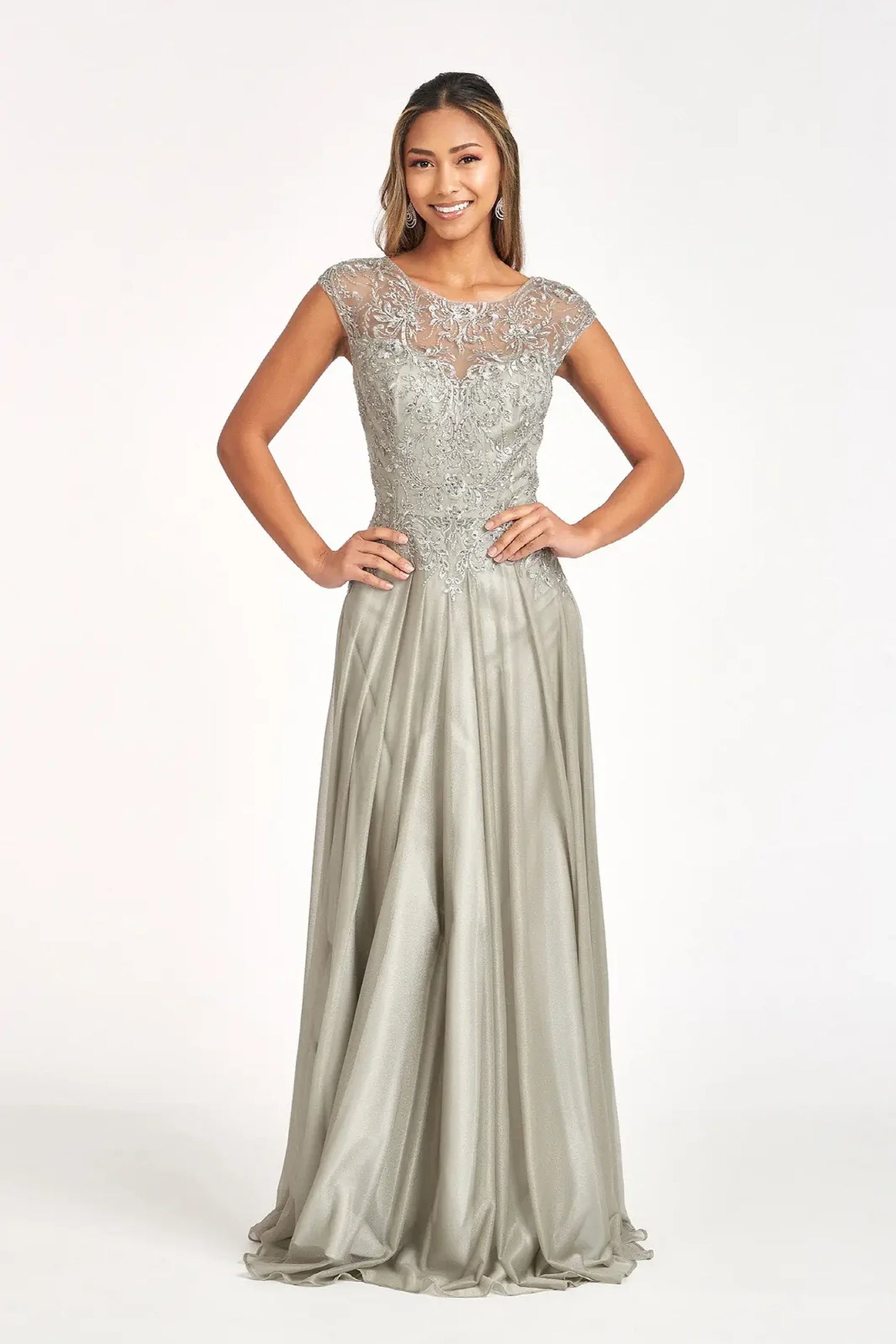 Silver chiffon a-line mother of the bride dress with boat-neck
