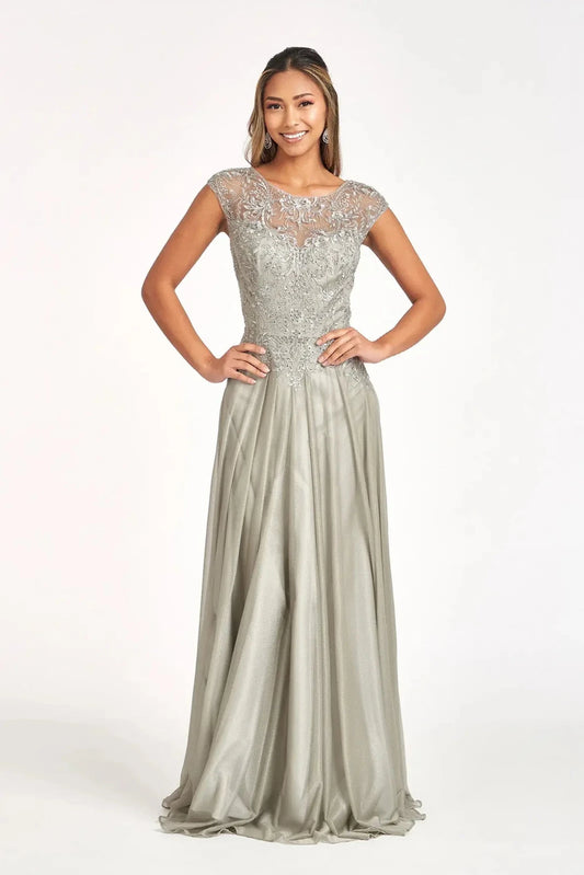 Detailed view highlights silver chiffon a-line mother of the bride dress with boat-neck.