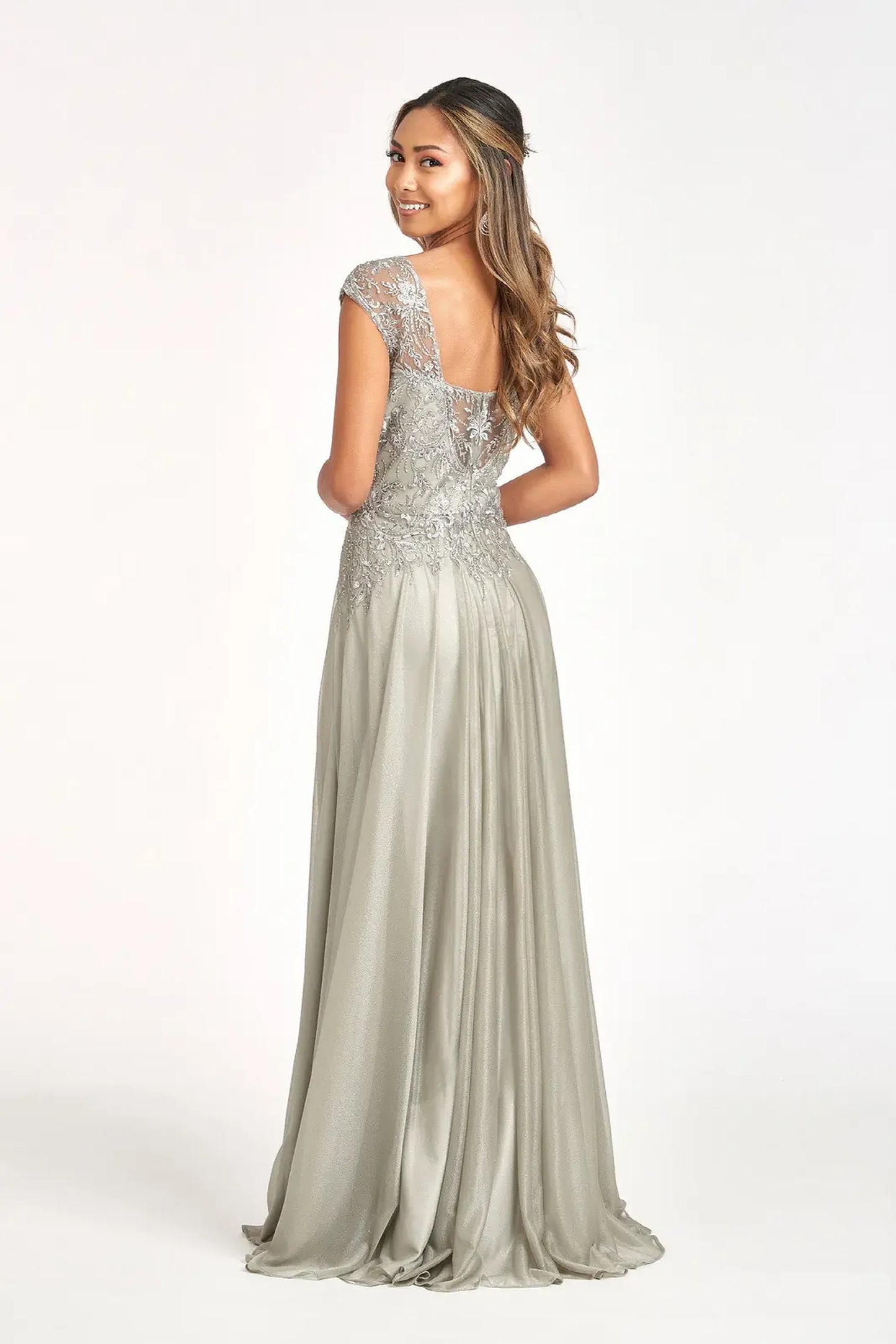 Silver a-line mother of the bride dress with concealed zipper back and cap sleeve
