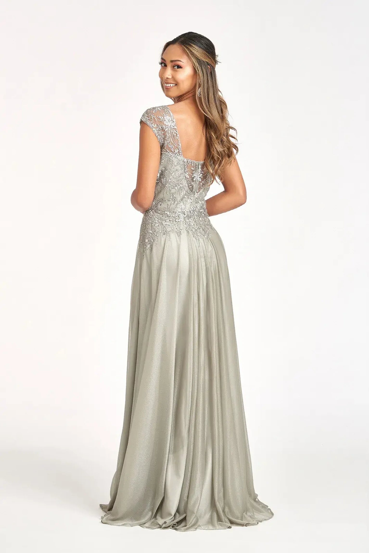 Silver a-line mother of the bride dress with concealed zipper back and cap sleeve