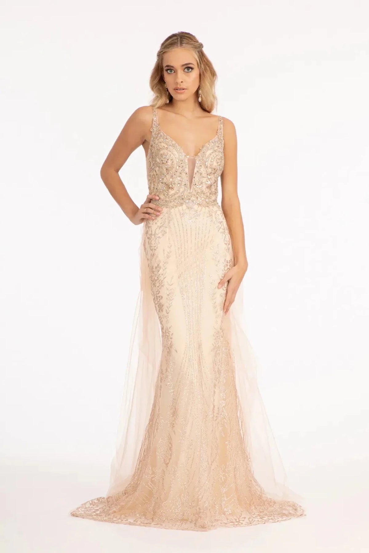 Champagne embroidered prom evening dress full front