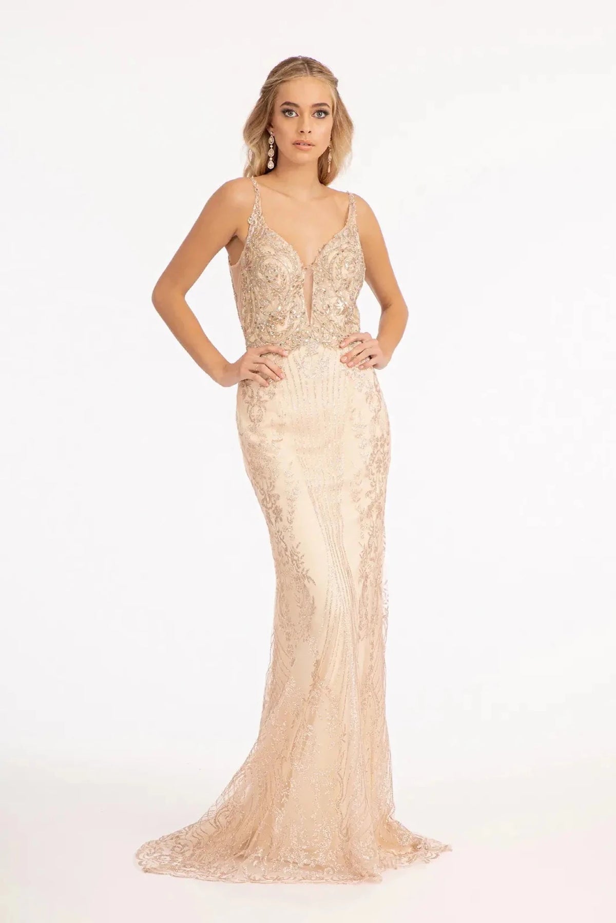 Champagne prom evening dress full back with open back