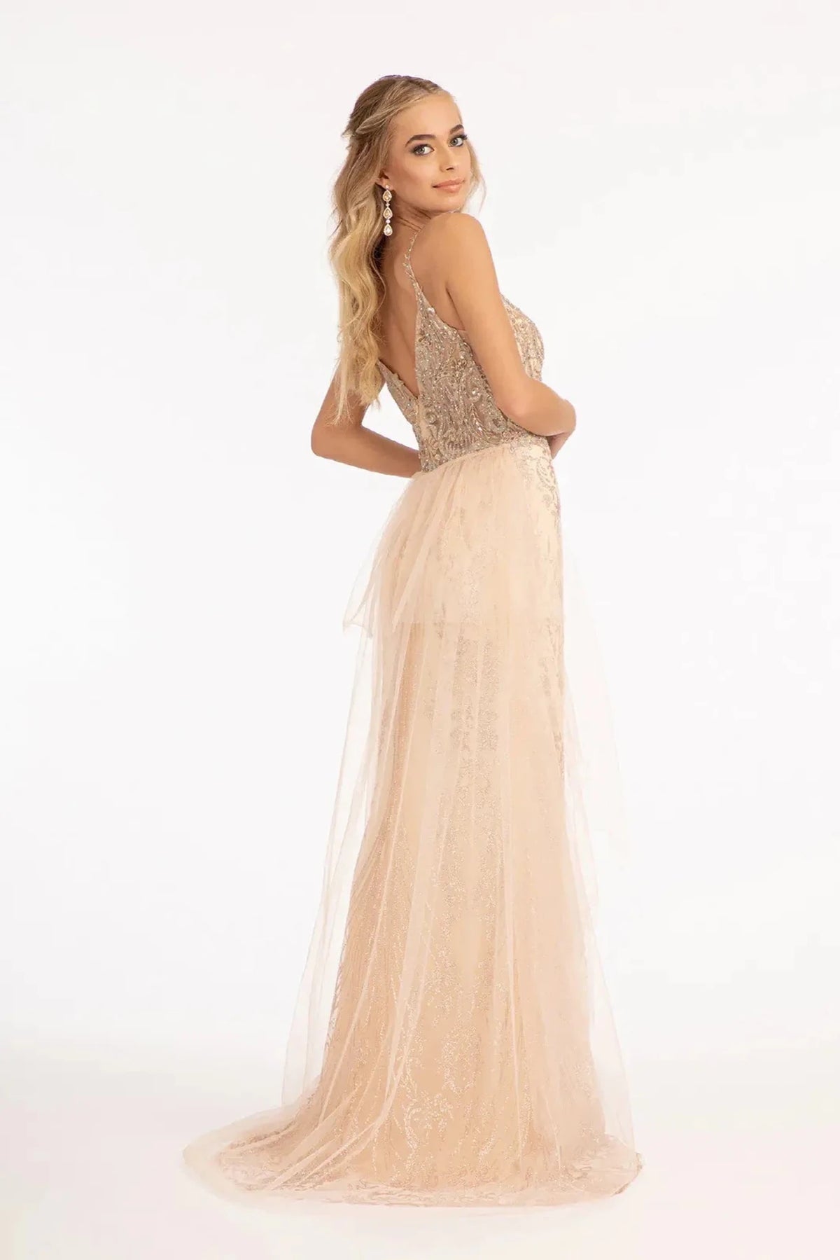 Champagne illusion v-neck prom evening dress upper front with beads, embroidery, glitter, sequin