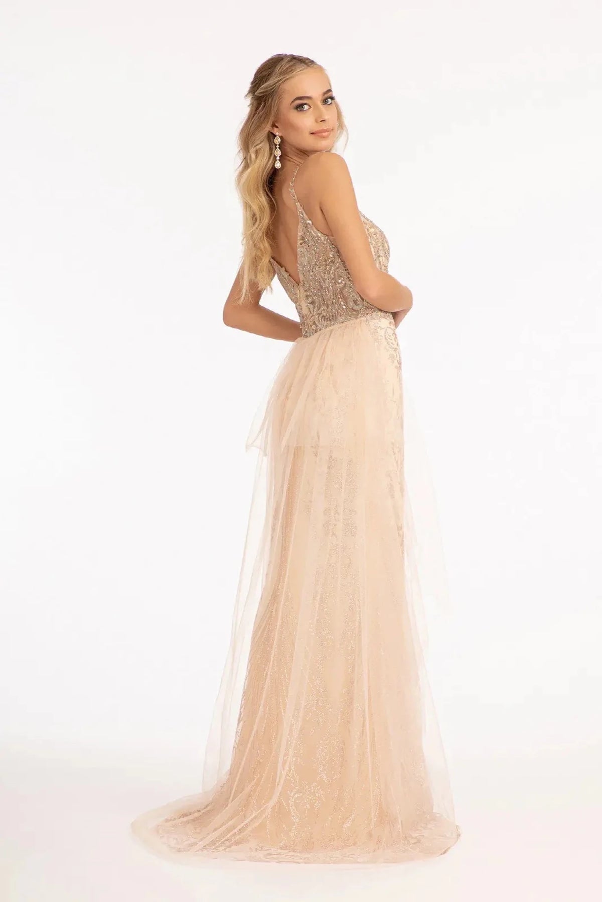 Champagne prom evening dress glitter netting, mesh train detail