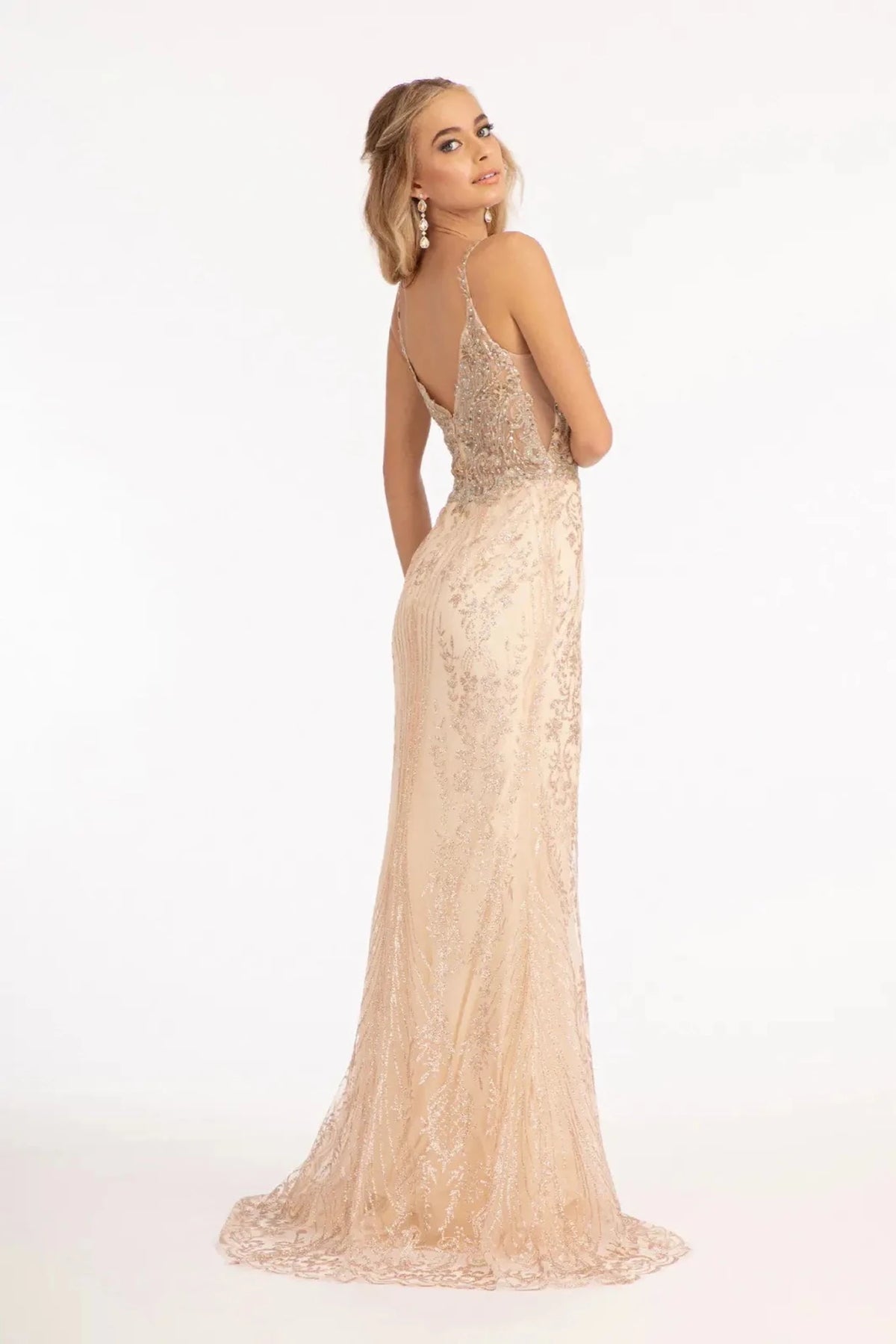 Champagne prom evening dress long hem detail