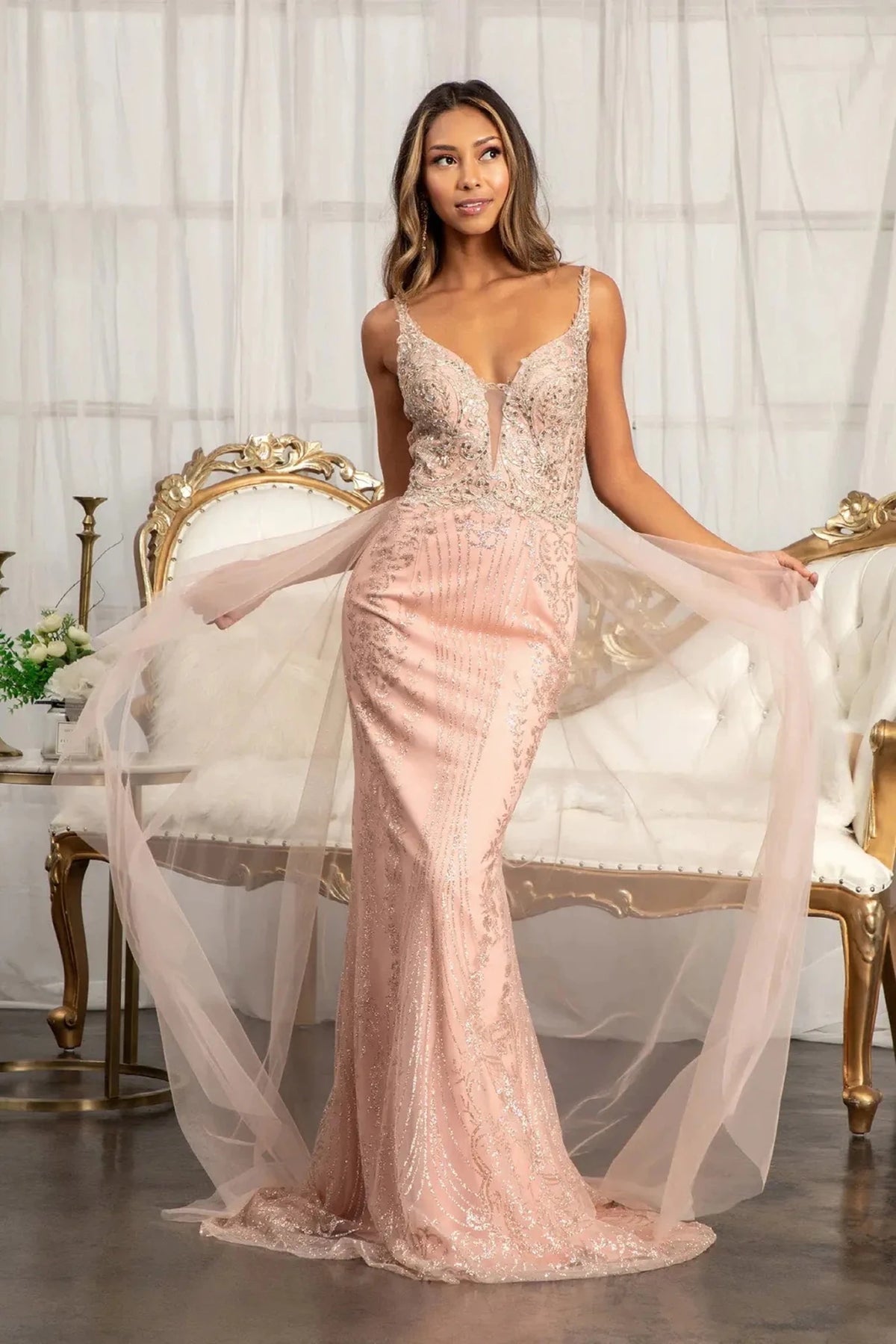 Rose Gold embroidered prom evening dress full front