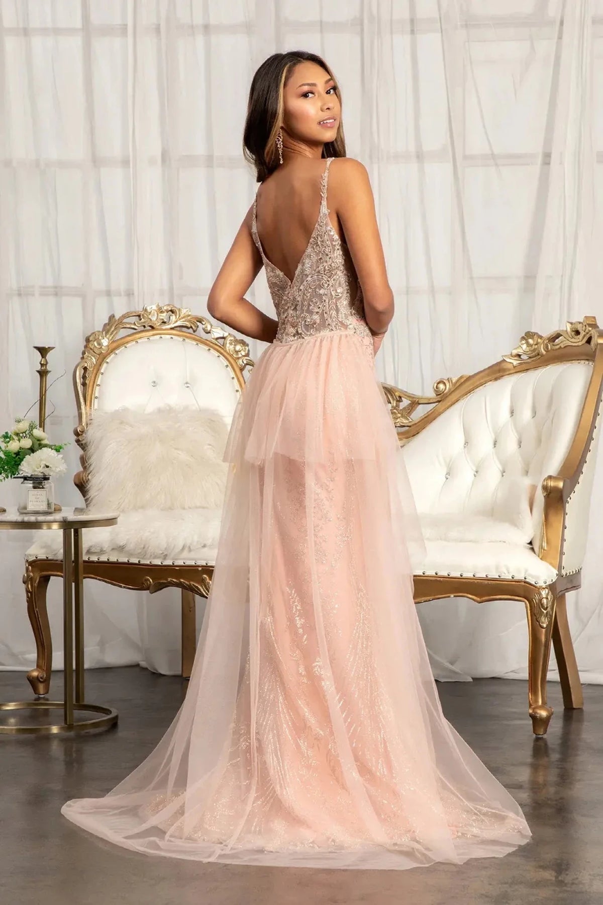 Rose Gold prom evening dress full back with open back