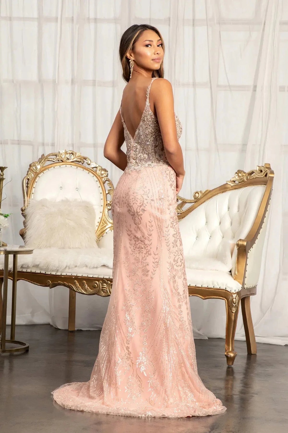 Rose Gold illusion v-neck prom evening dress upper front with beads, embroidery, glitter, sequin