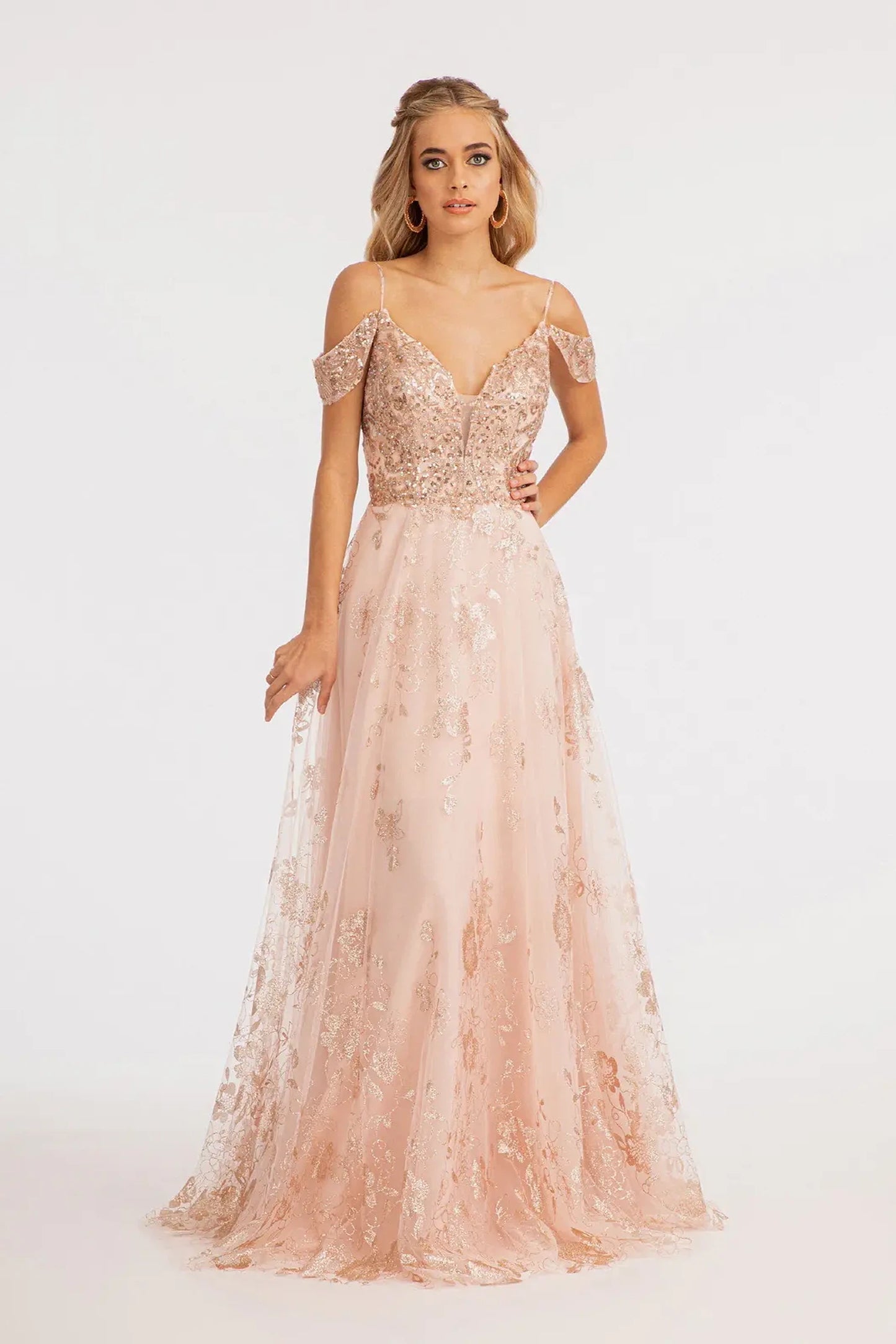 Blush glitter netting, mesh a-line mother of the bride dress with illusion v-neck