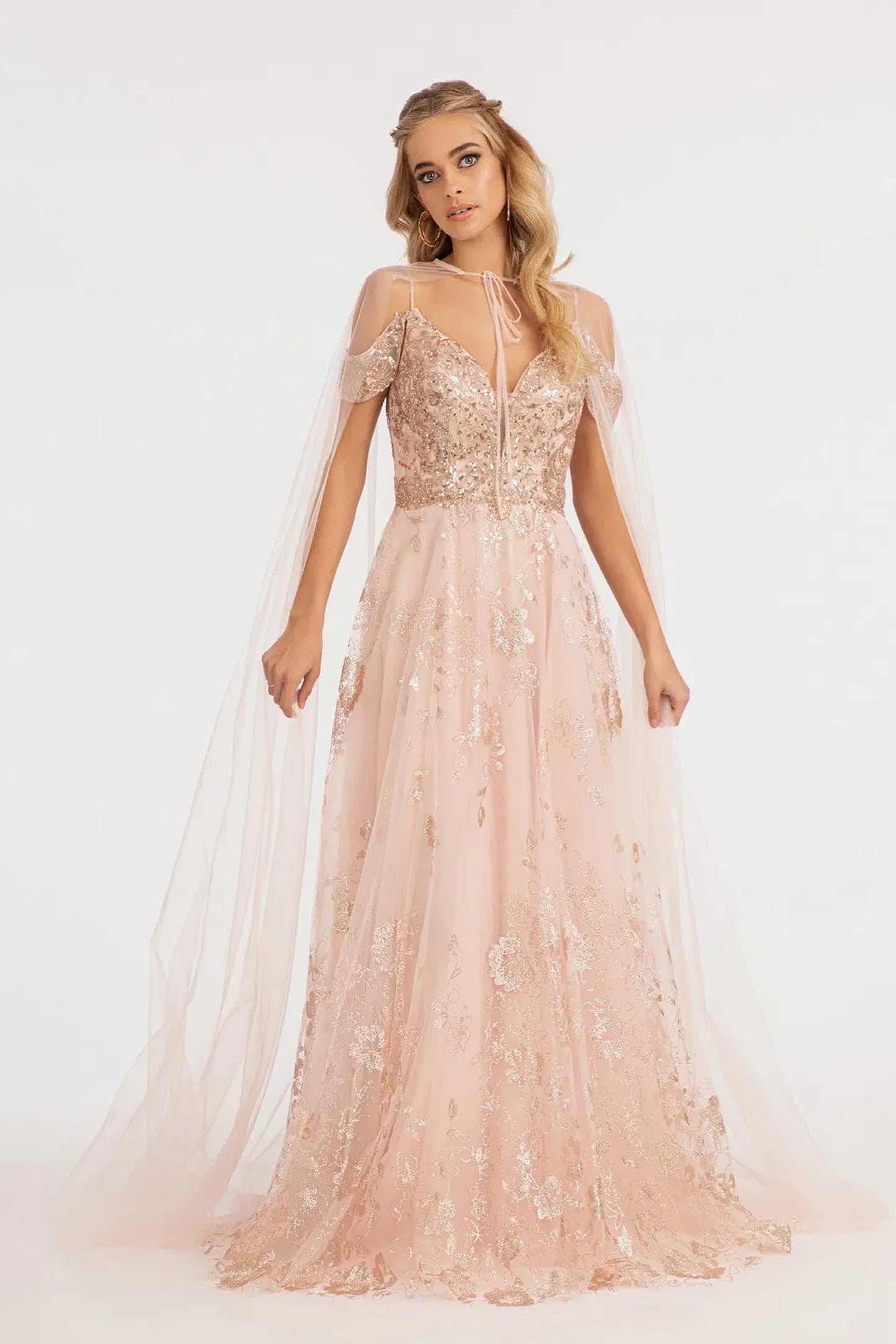 Blush mother of the bride dress featuring v-back with concealed zipper bodice finished with beads, embroidery, glitter, sequin