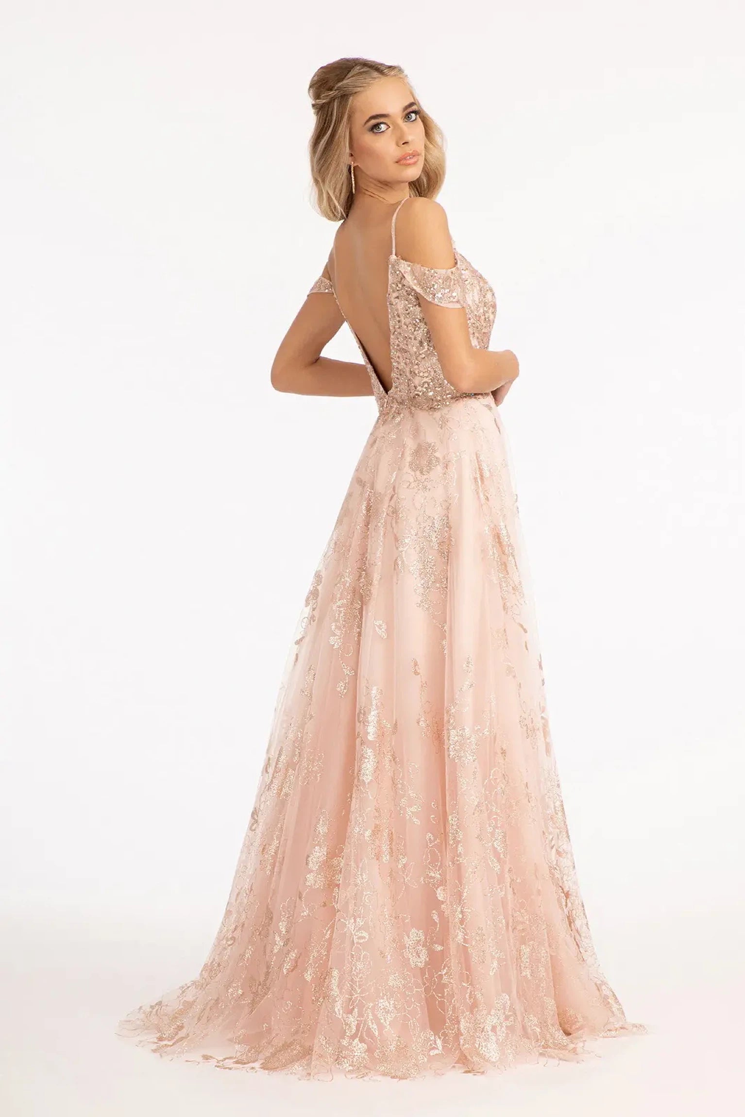 Blush mother of the bride dress featuring glitter netting, mesh skirt with a-line shaping and beads, embroidery, glitter, sequin