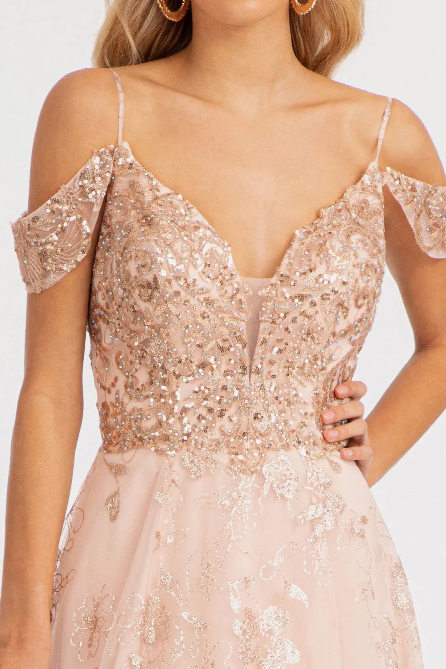 Blush mother of the bride dress featuring illusion v-neck bodice with spaghetti strap and beads, embroidery, glitter, sequin