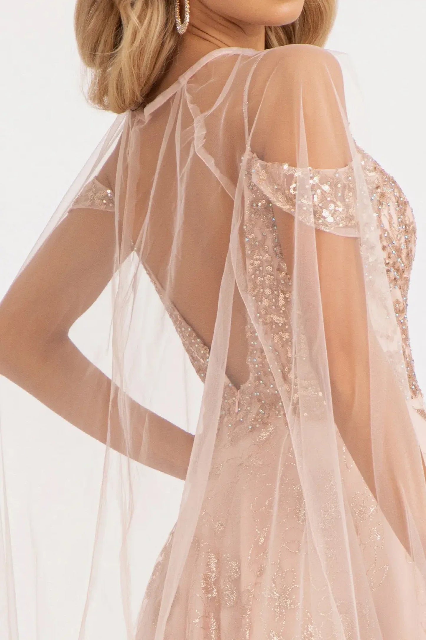 Blush mother of the bride dress featuring formal gown with illusion v-neck, spaghetti strap, and glitter netting, mesh skirt
