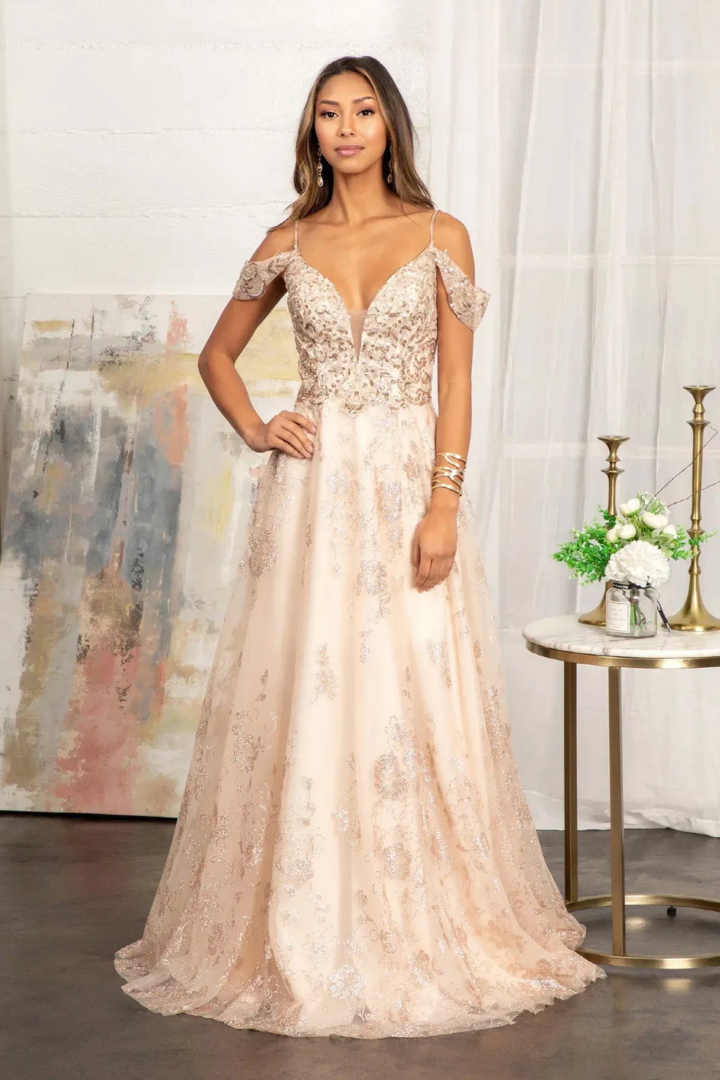 Champagne glitter netting, mesh a-line mother of the bride dress with illusion v-neck