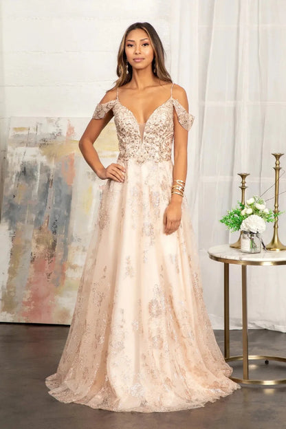 Detailed view highlights champagne glitter netting, mesh a-line mother of the bride dress with illusion v-neck.