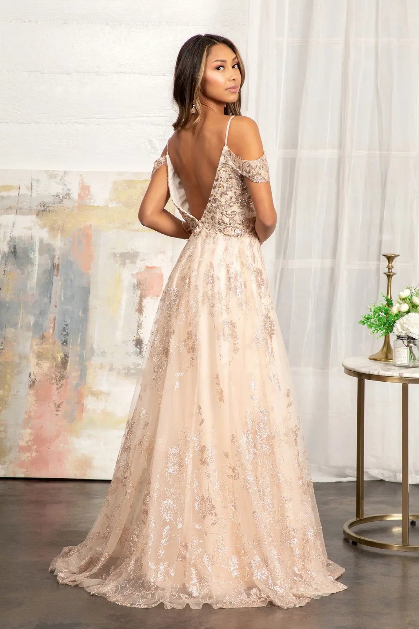 Champagne a-line mother of the bride dress with v-back with concealed zipper and spaghetti strap