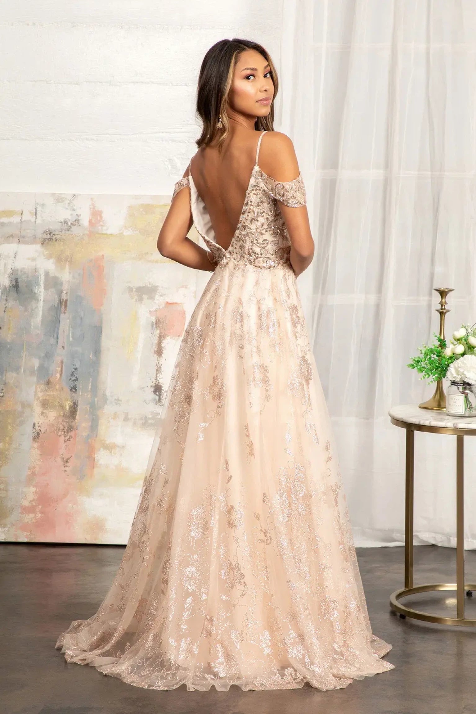Champagne a-line mother of the bride dress with v-back with concealed zipper and spaghetti strap