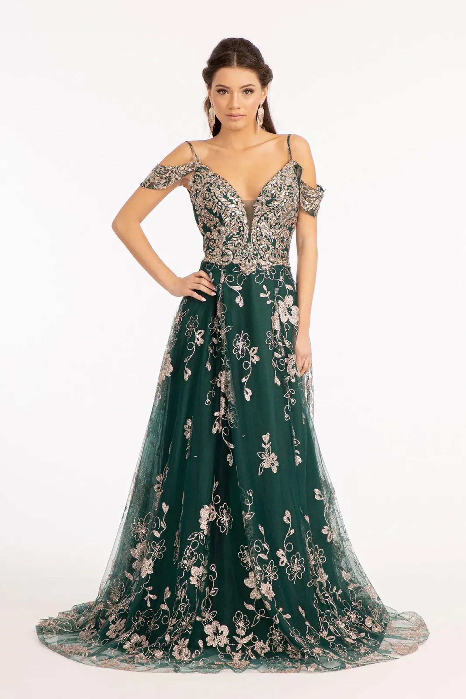 Emerald Green glitter netting, mesh a-line mother of the bride dress with illusion v-neck