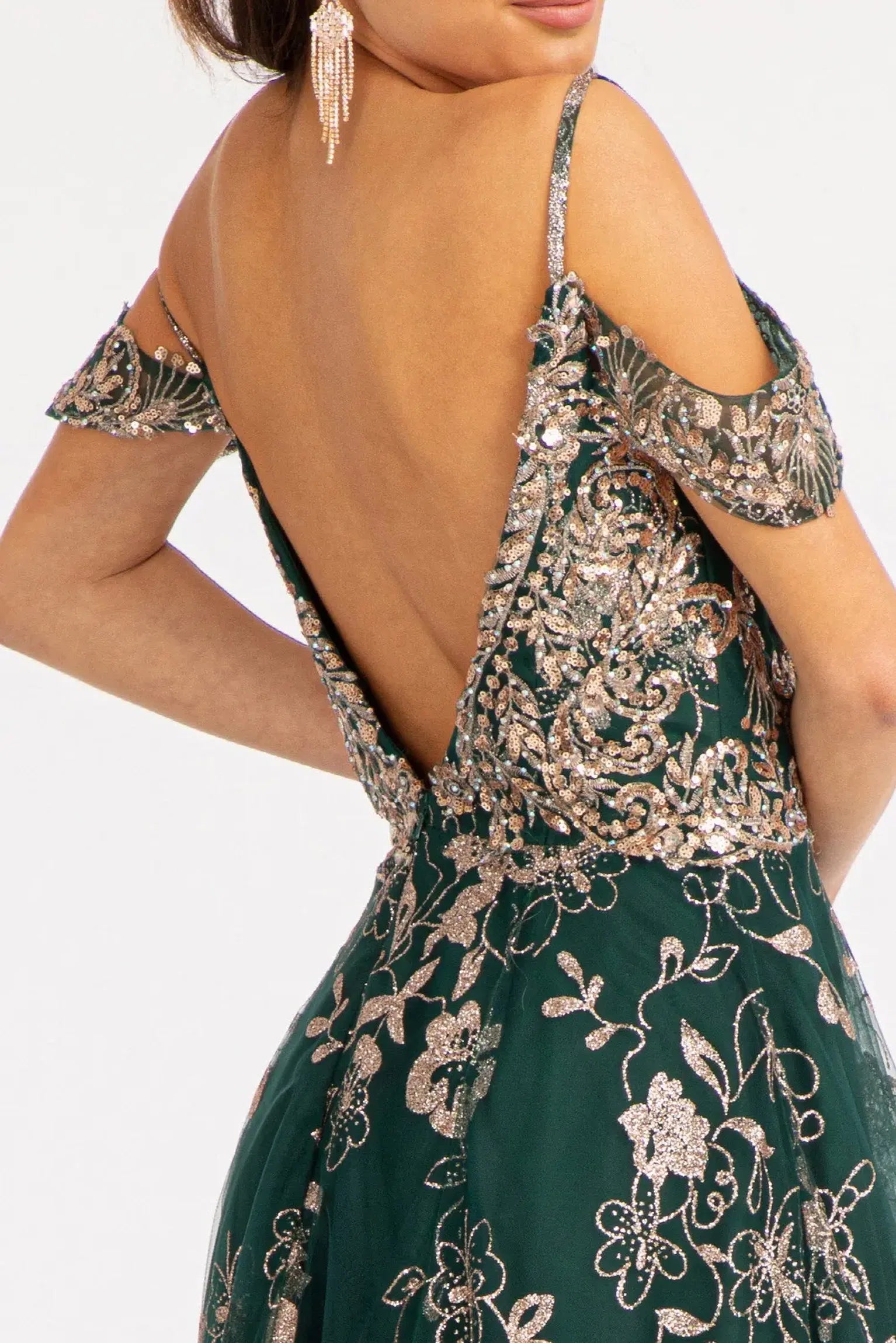 Emerald Green mother of the bride dress featuring v-back with concealed zipper bodice finished with beads, embroidery, glitter, sequin