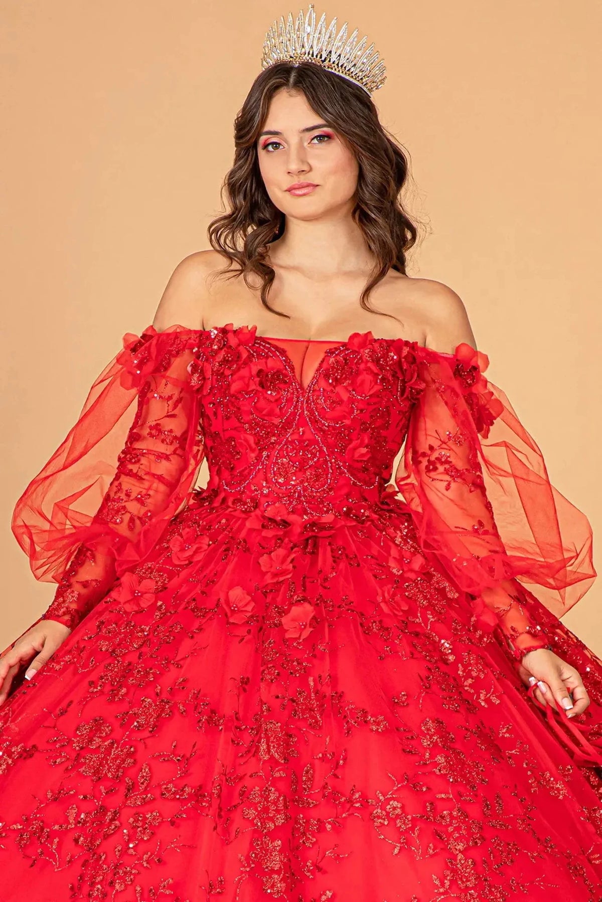 Full-length view presents the Red quinceañera ball gown with detachable back bow.