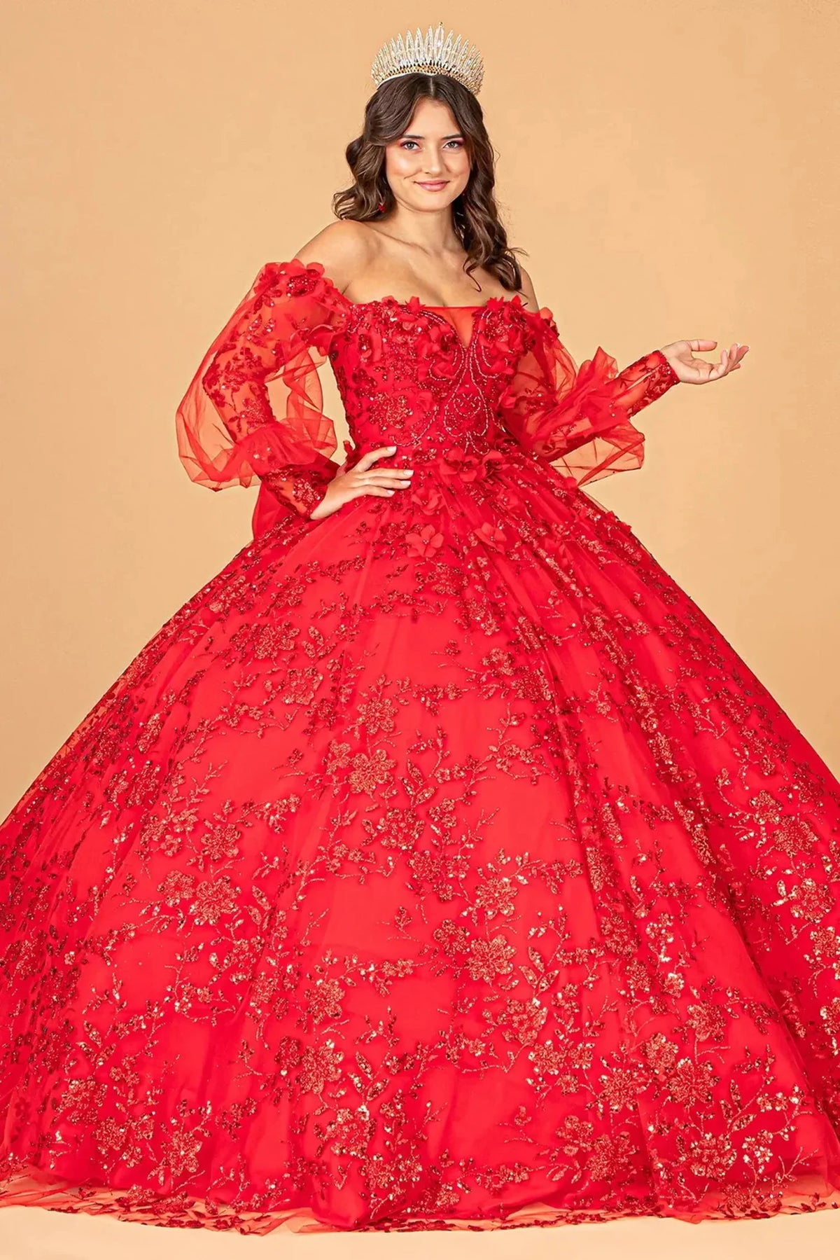 Lace-up back reveals the Red quinceañera ball gown with lace-up back and long puff sleeves.