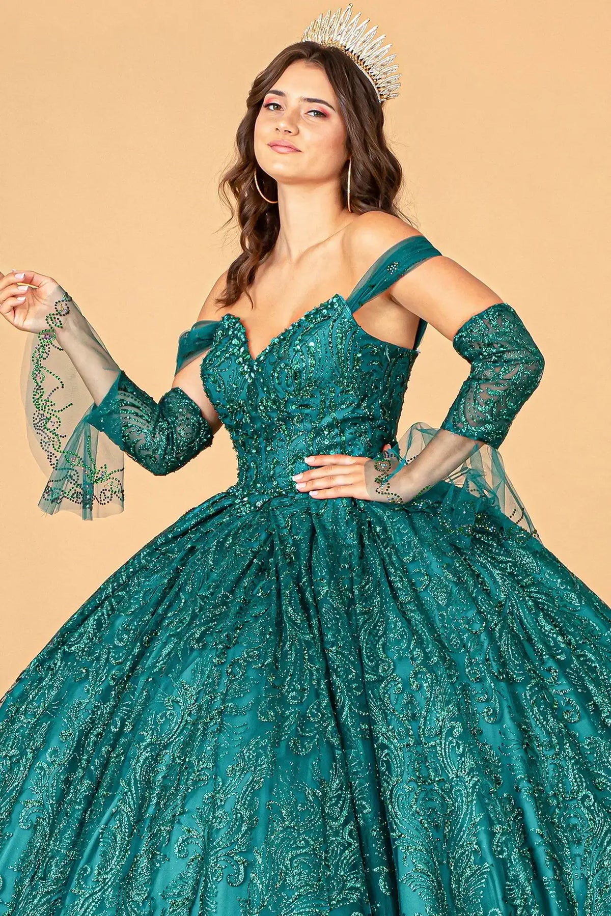 Full-length view presents the Green quinceañera ball gown with detachable trumpet sleeves.