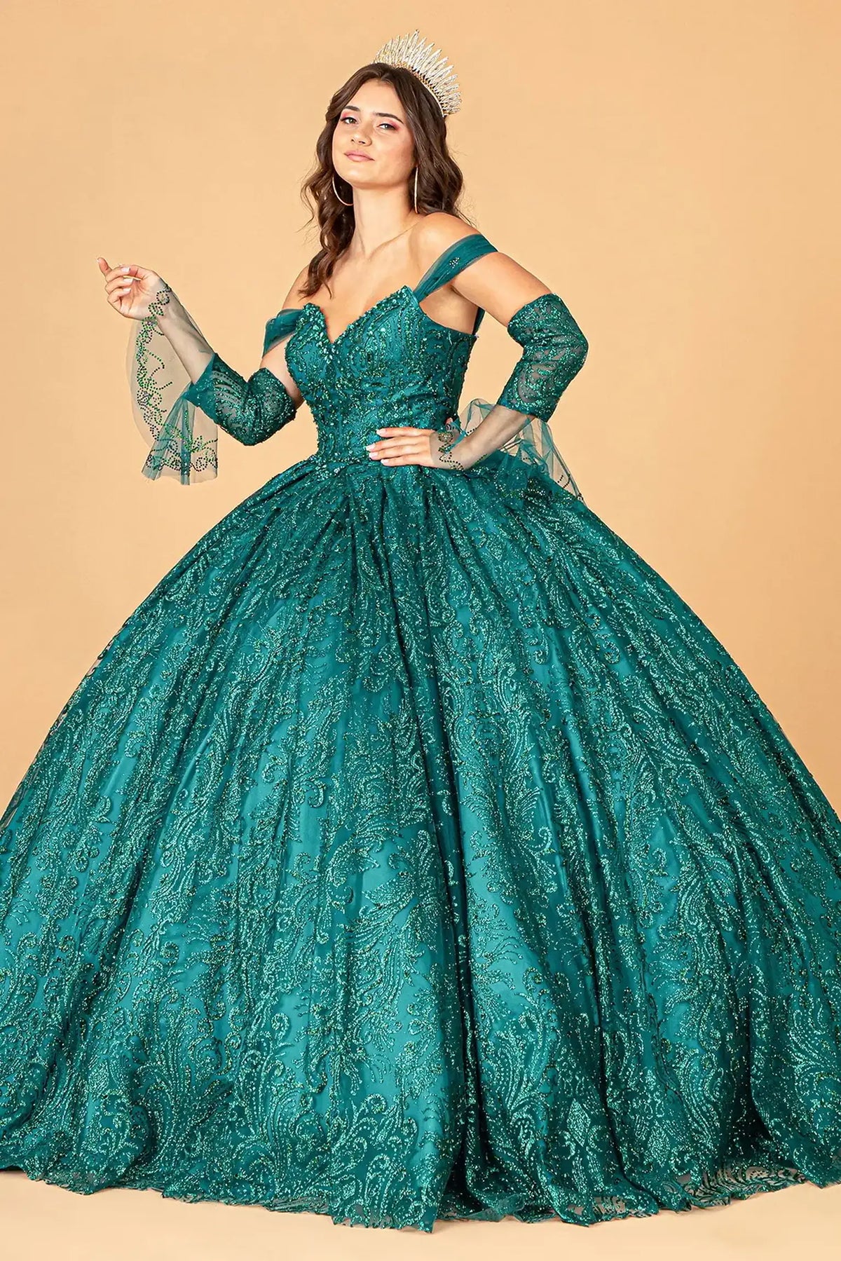 Lace-up back reveals the Green quinceañera ball gown with lace-up back and matching mini bag.