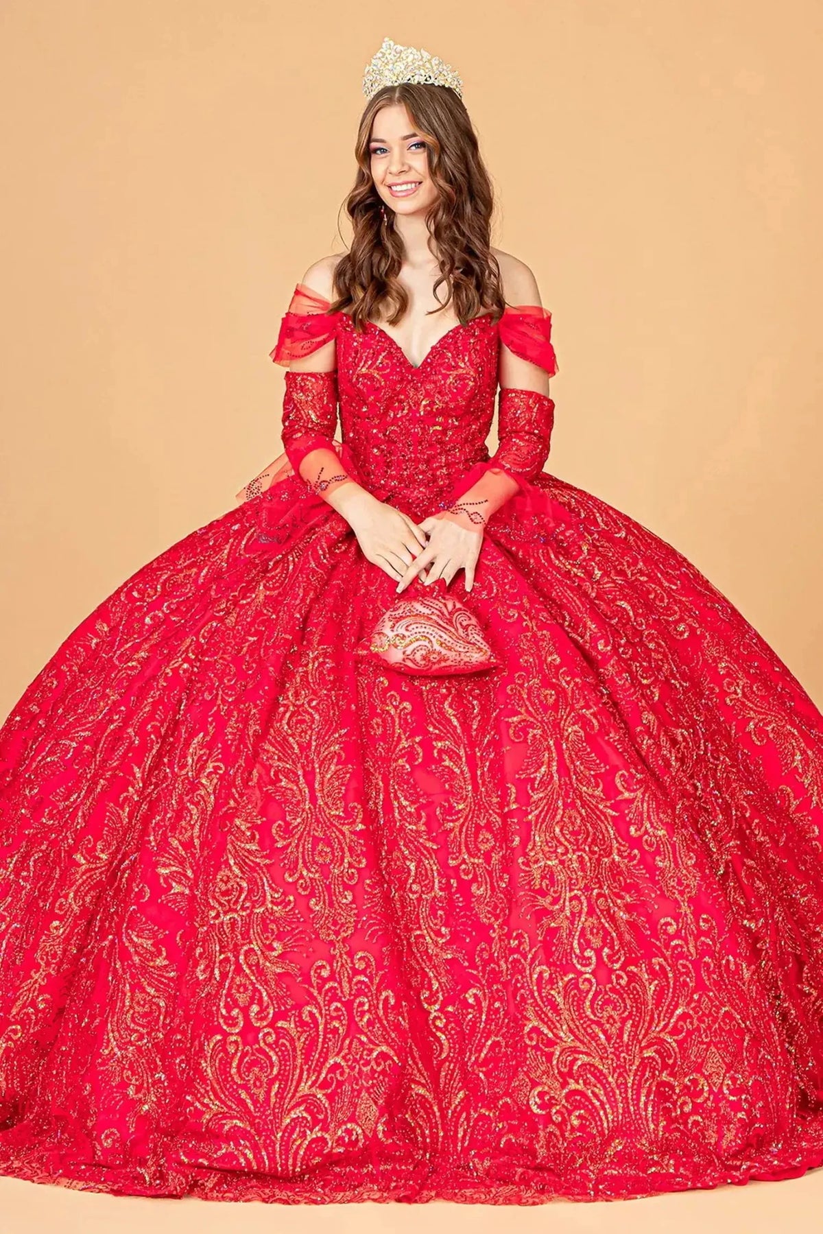 Lace-up back reveals the Red quinceañera ball gown with lace-up back and matching mini bag.