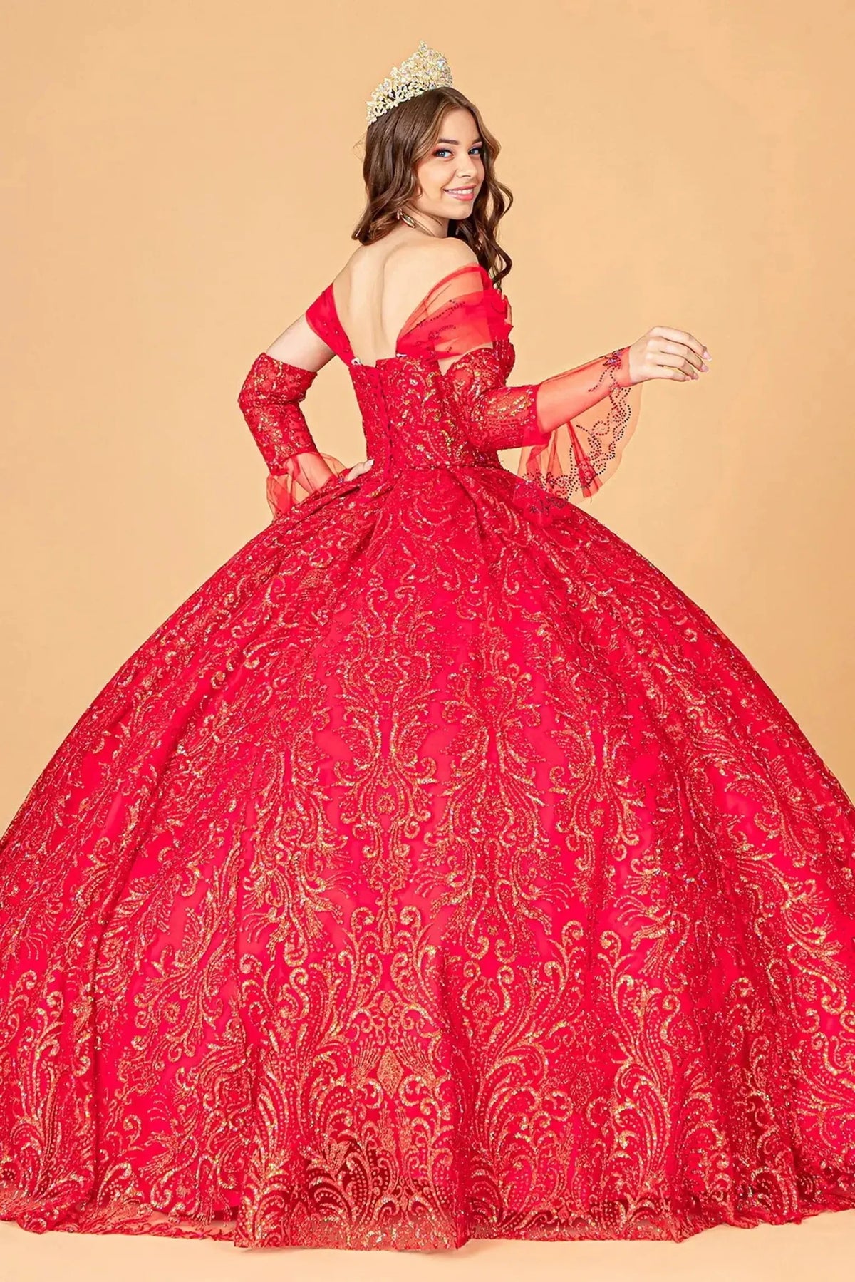 Bodice close-up highlights the Red quinceañera ball gown with matching mini bag.