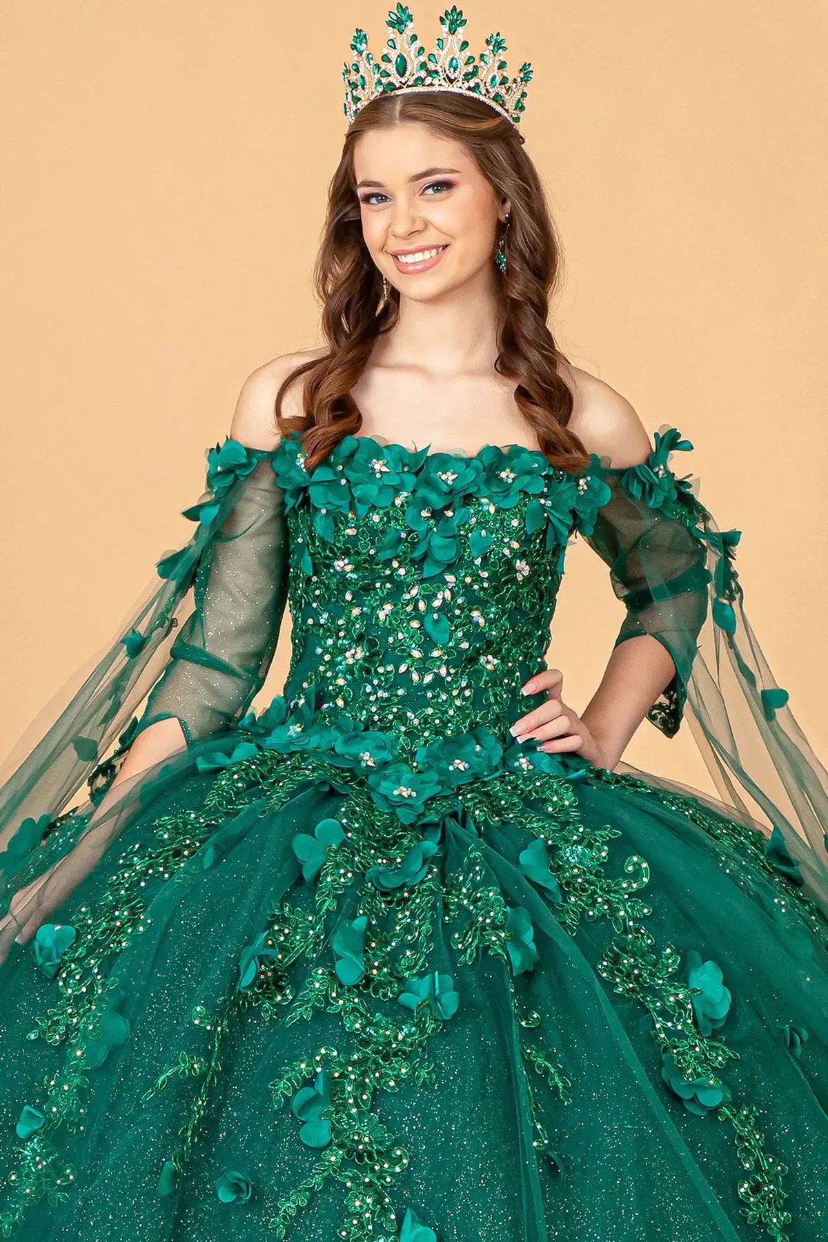 Full-length view presents the Green quinceañera ball gown with shoulder mesh drapes.