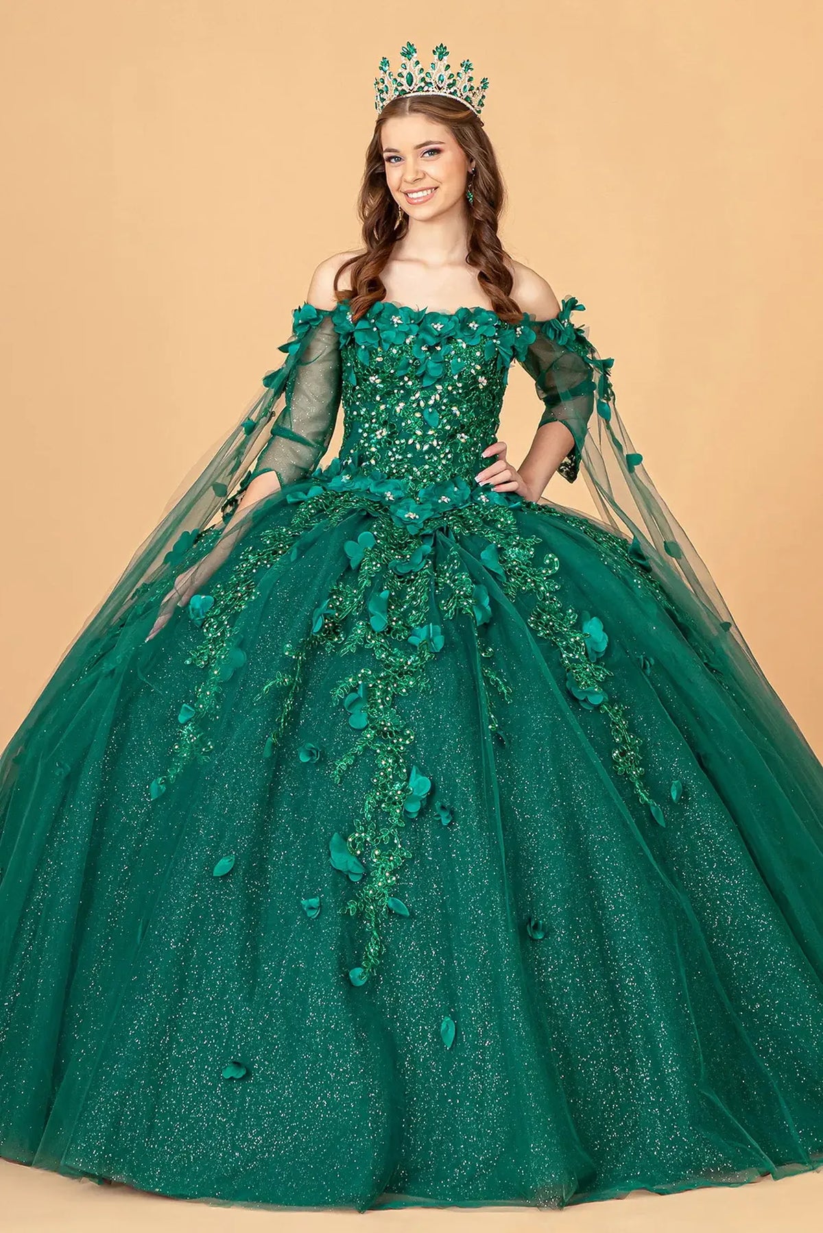Lace-up back reveals the Green quinceañera ball gown with lace-up back and 3d floral appliqués.