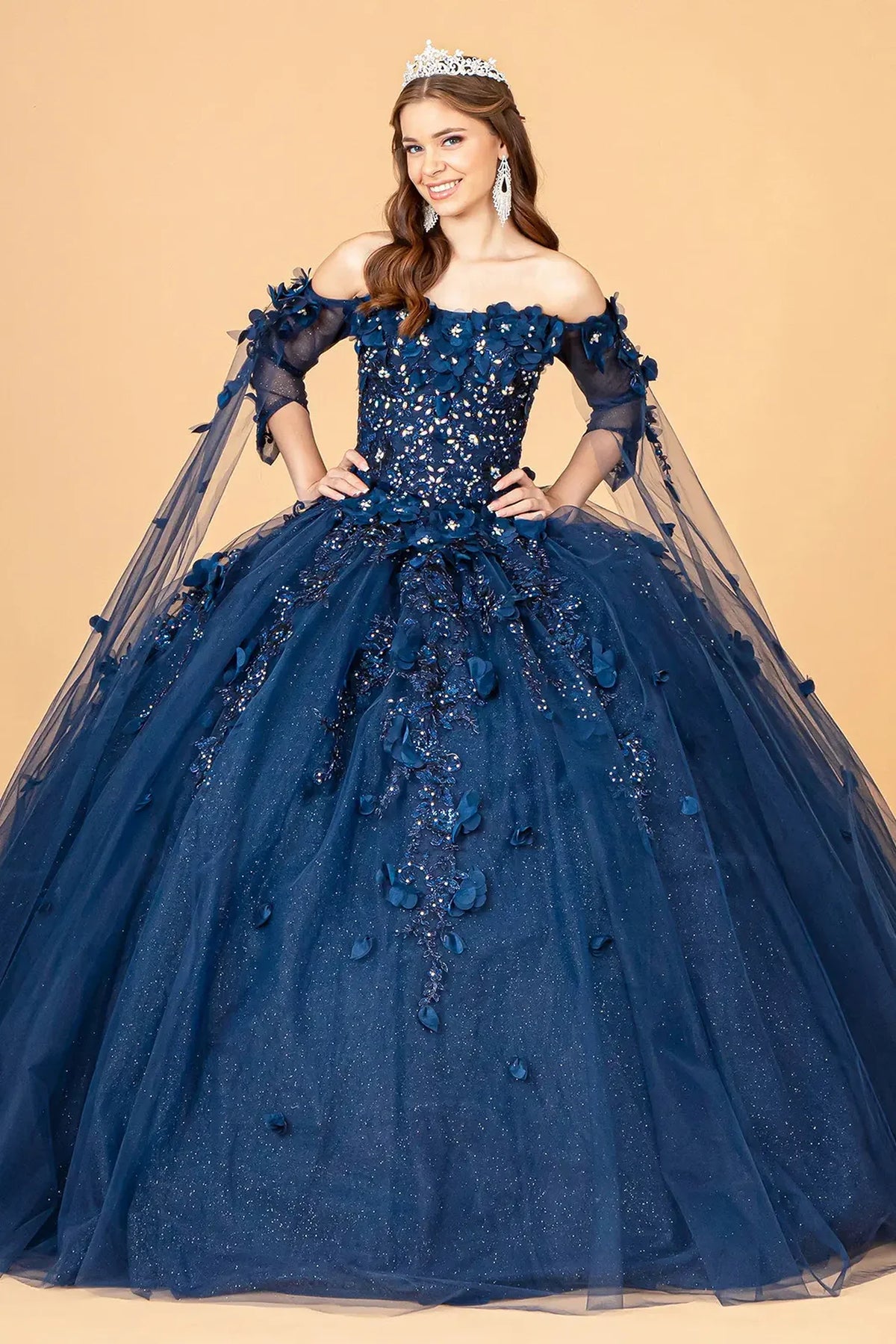 Lace-up back reveals the Navy quinceañera ball gown with lace-up back and 3d floral appliqués.