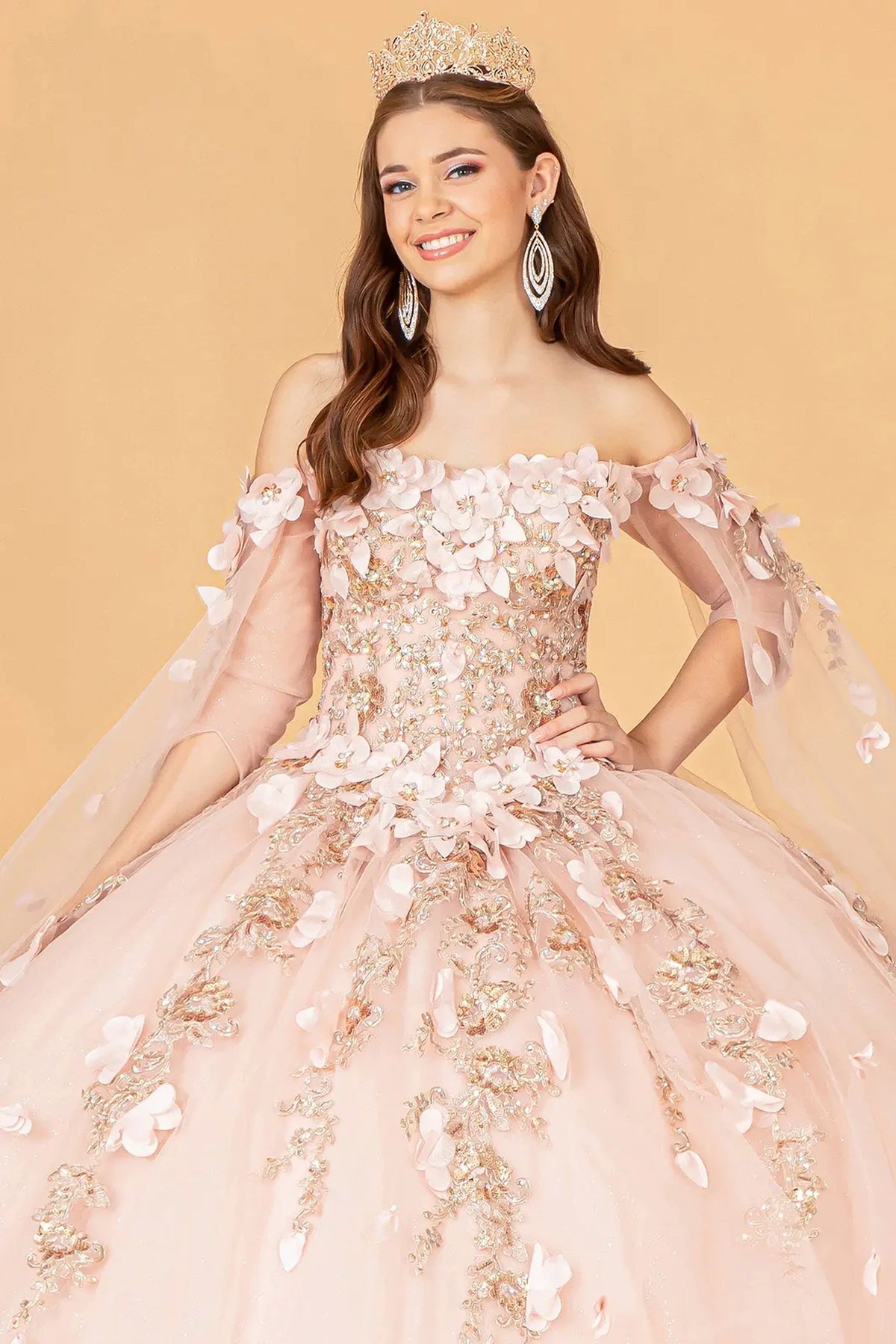 Full-length view presents the Rose Gold quinceañera ball gown with shoulder mesh drapes.