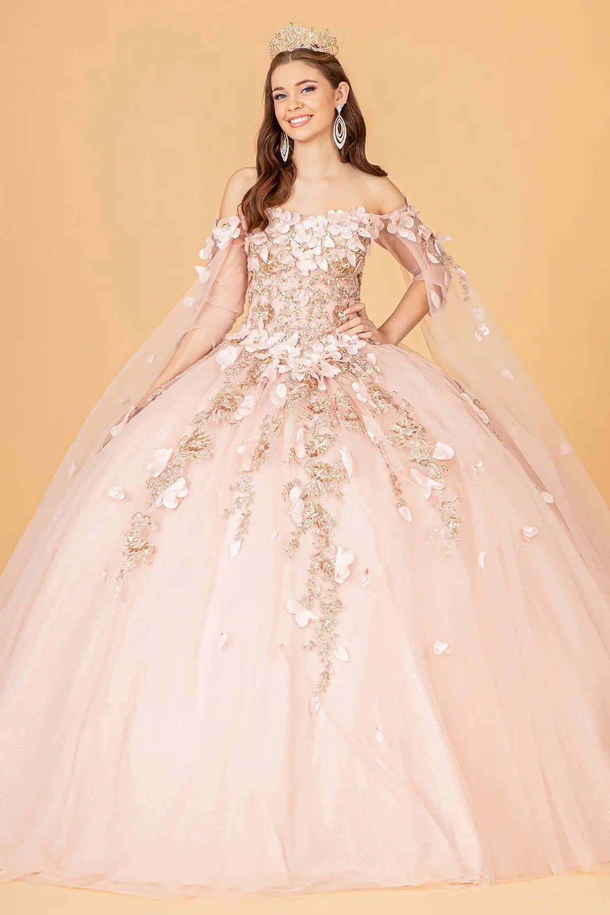 Lace-up back reveals the Rose Gold quinceañera ball gown with lace-up back and 3d floral appliqués.