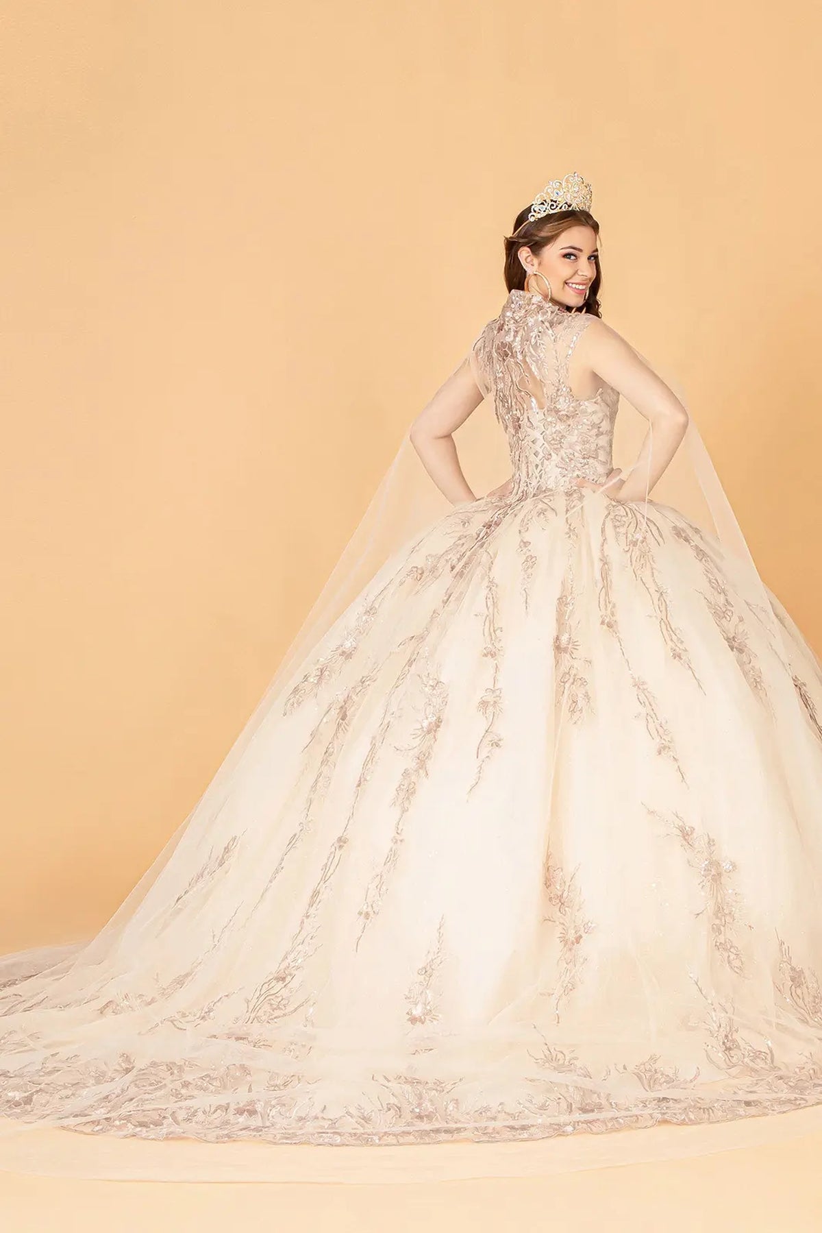 Bodice close-up highlights the Champagne quinceañera ball gown with airy mesh cape.